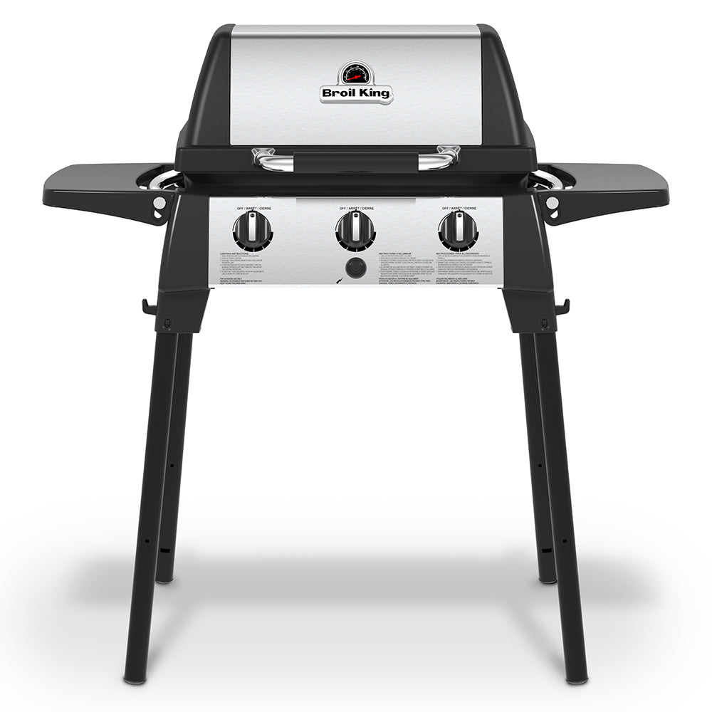 Broil King 3-burner portable propane grill with stainless lid and three control knobs