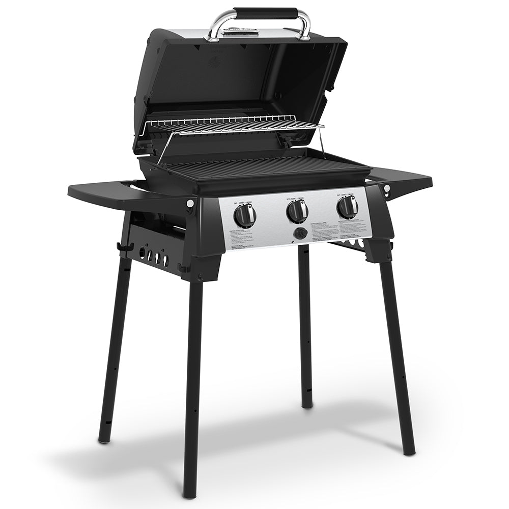 Broil King 3-burner portable propane grill with open hood and cooking grate