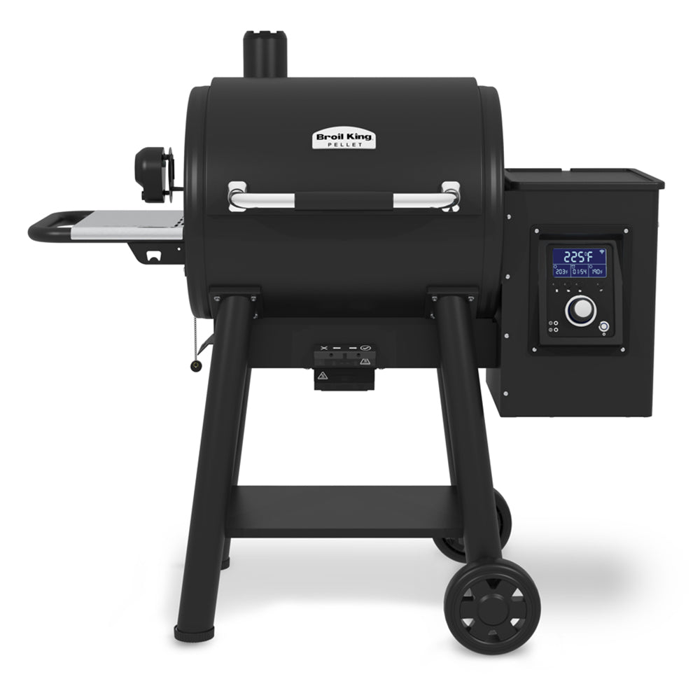 Pellet smoker and grill with black body, control panel, and front cooking window