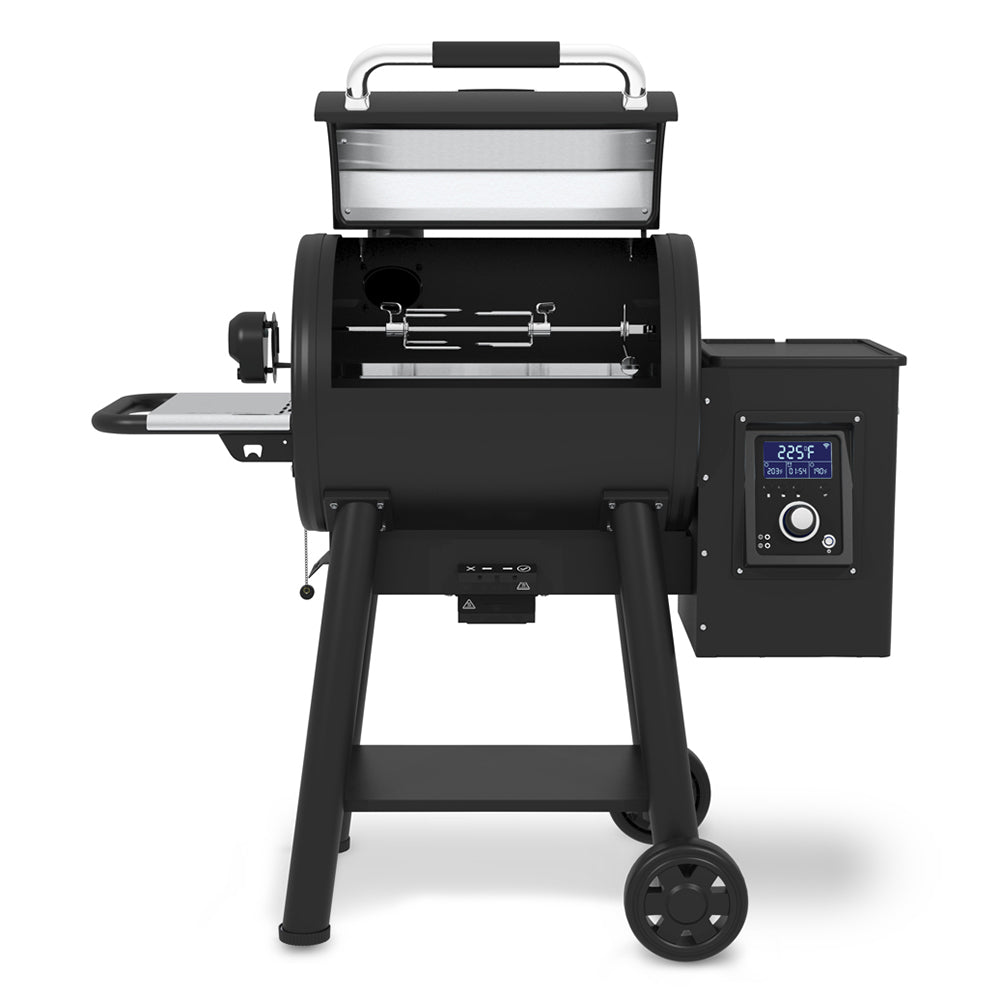 Pellet smoker and grill with open lid, black chamber, and front control display