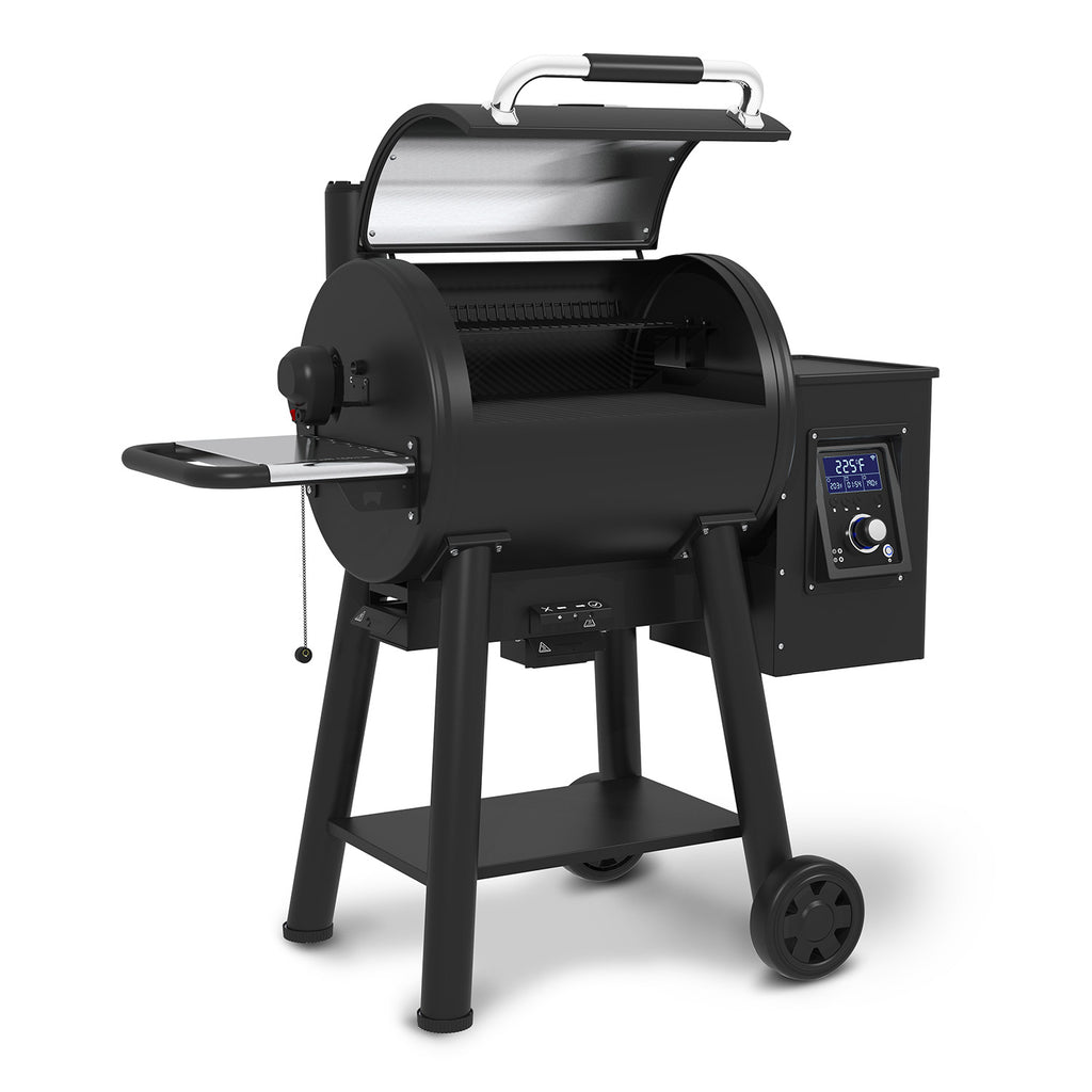 Pellet smoker and grill with open lid, black drum chamber, and side control box
