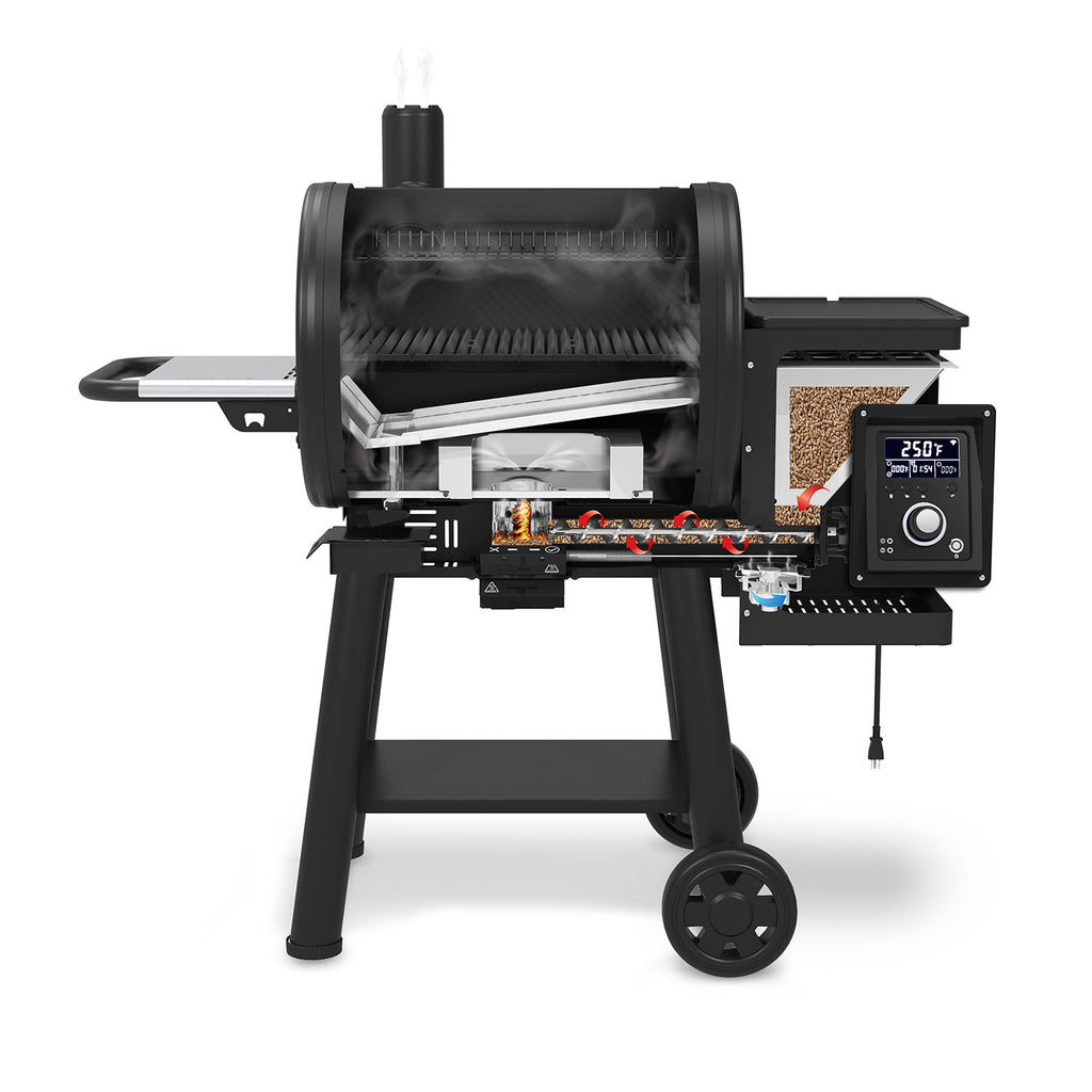 Pellet smoker and grill with lid open, showing grates and pellet firebox inside