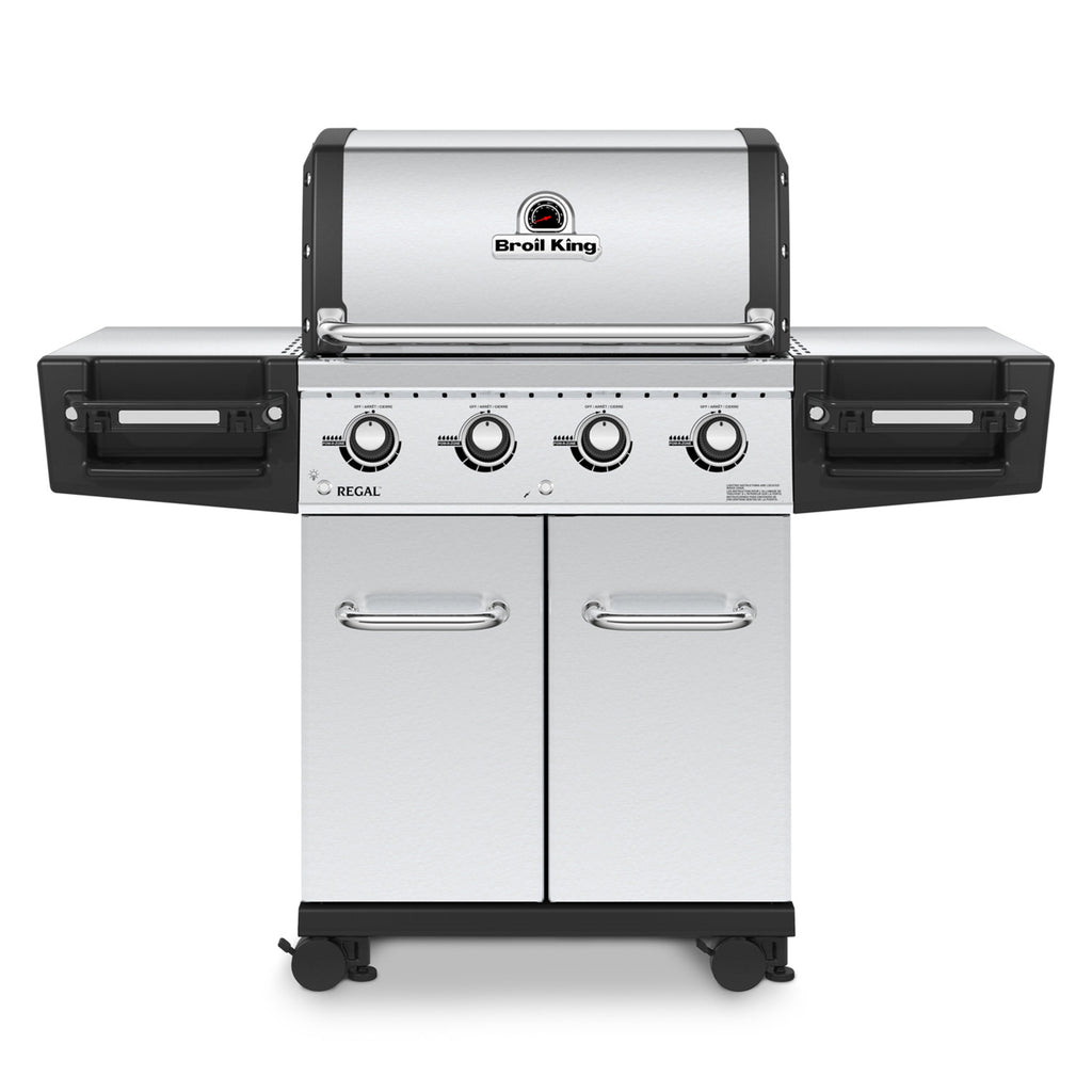 4-burner freestanding gas grill with stainless steel cabinet and side doors, front view