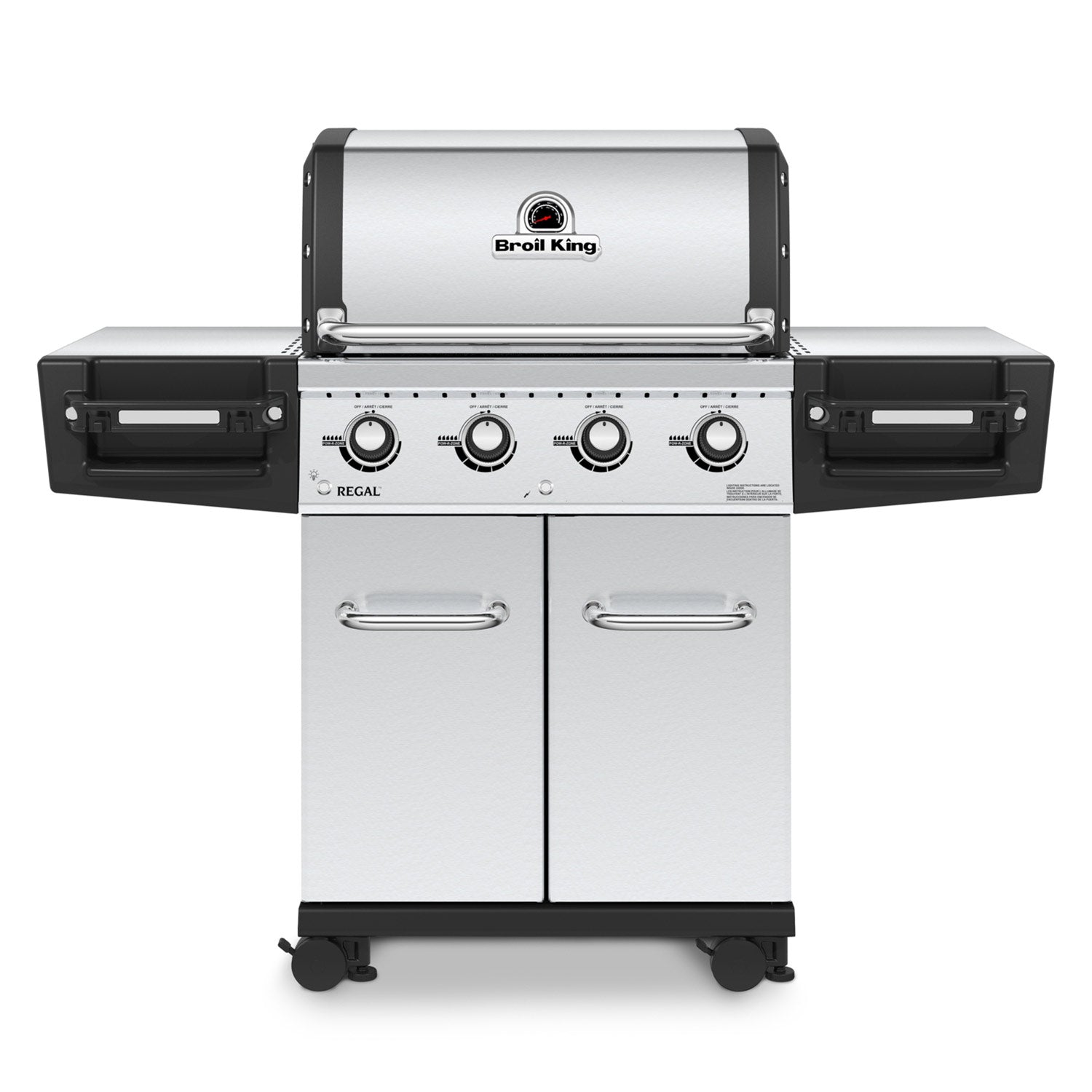 4-burner freestanding gas grill with stainless steel cabinet and side doors, front view