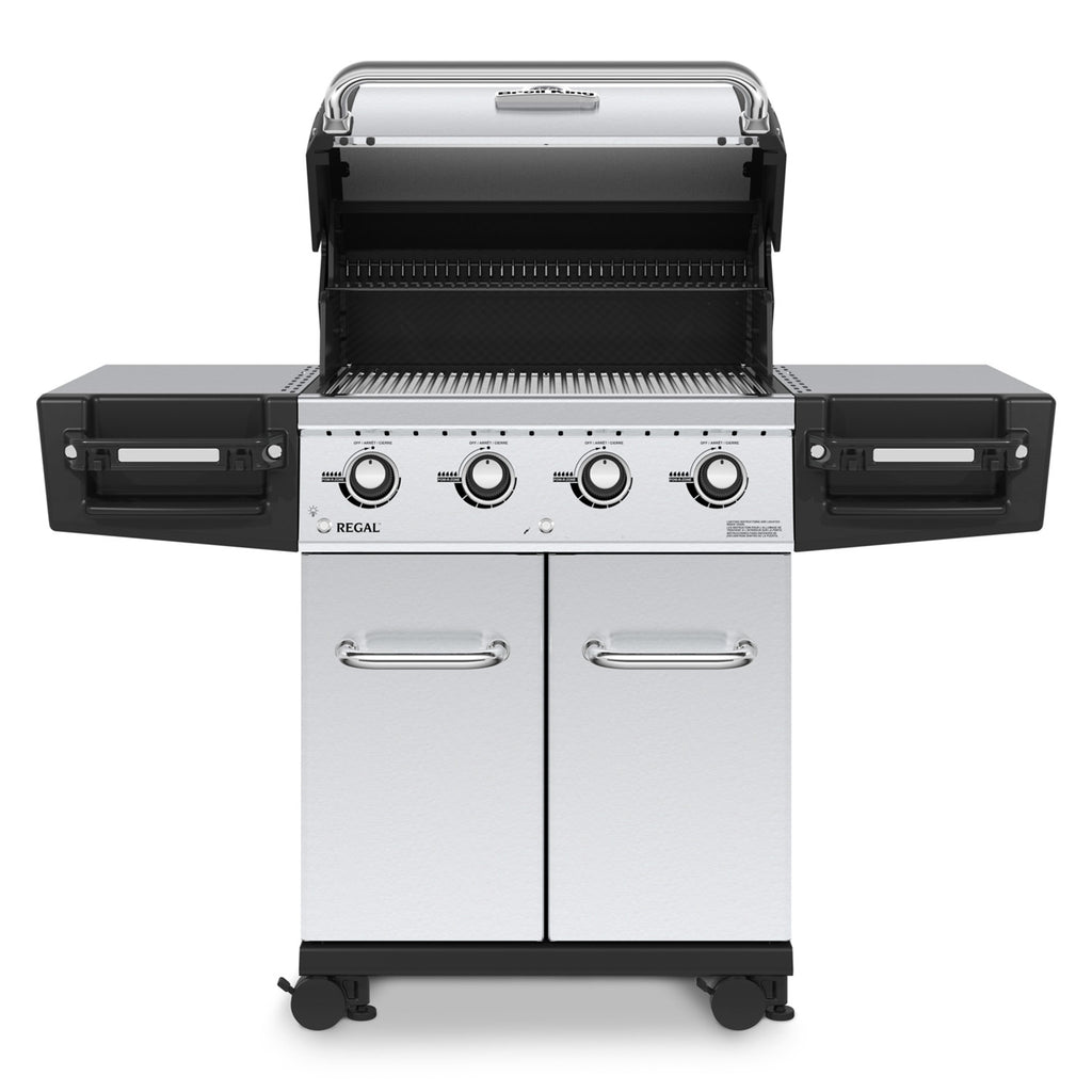 4-burner gas grill with open lid and stainless steel doors, front view