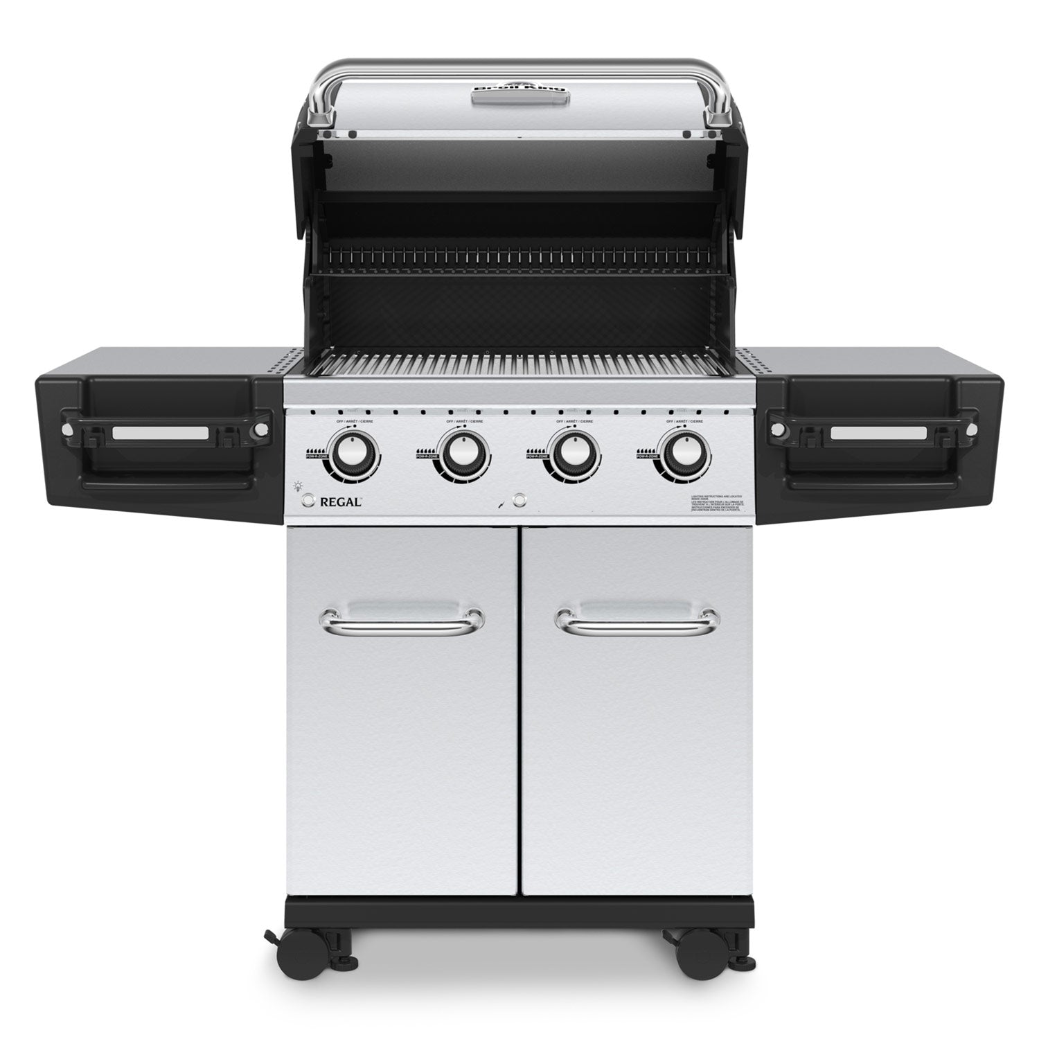 4-burner gas grill with open lid and stainless steel doors, front view