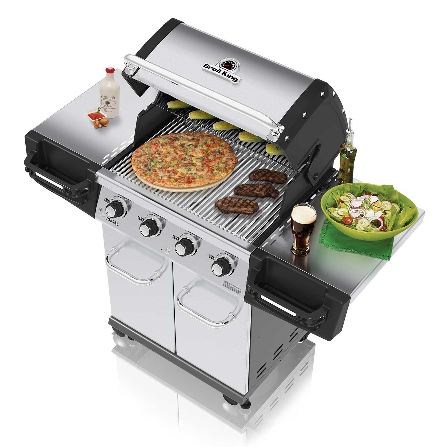 Gas grill with open hood, stainless cooking grates, and grease tray visible