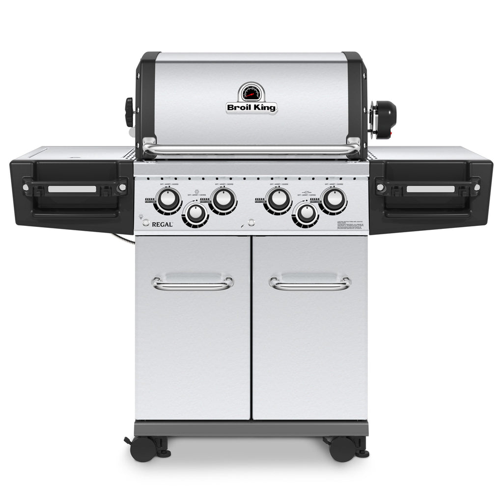 Freestanding stainless steel 4-burner gas grill with side shelves and control knobs