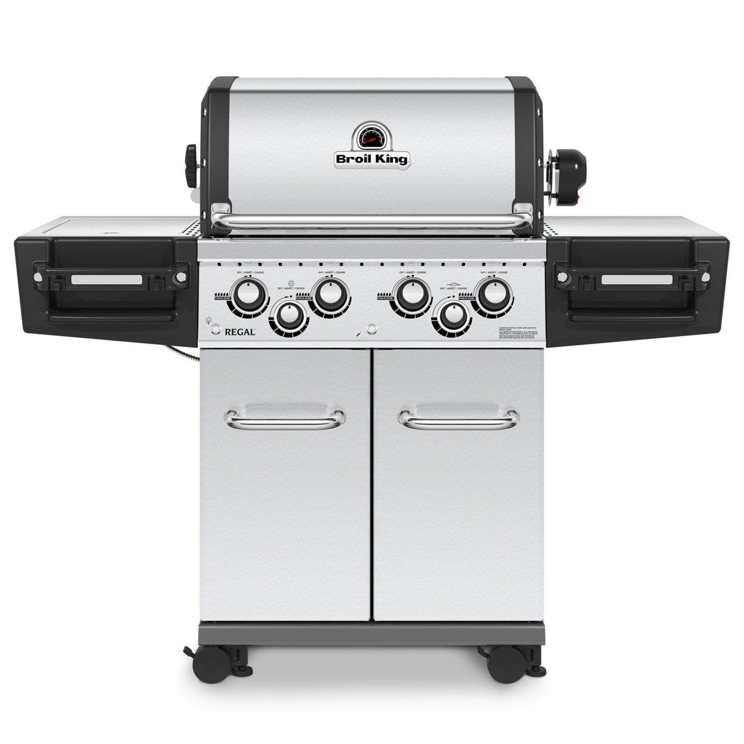 Freestanding stainless steel 4-burner gas grill with side shelves and control knobs