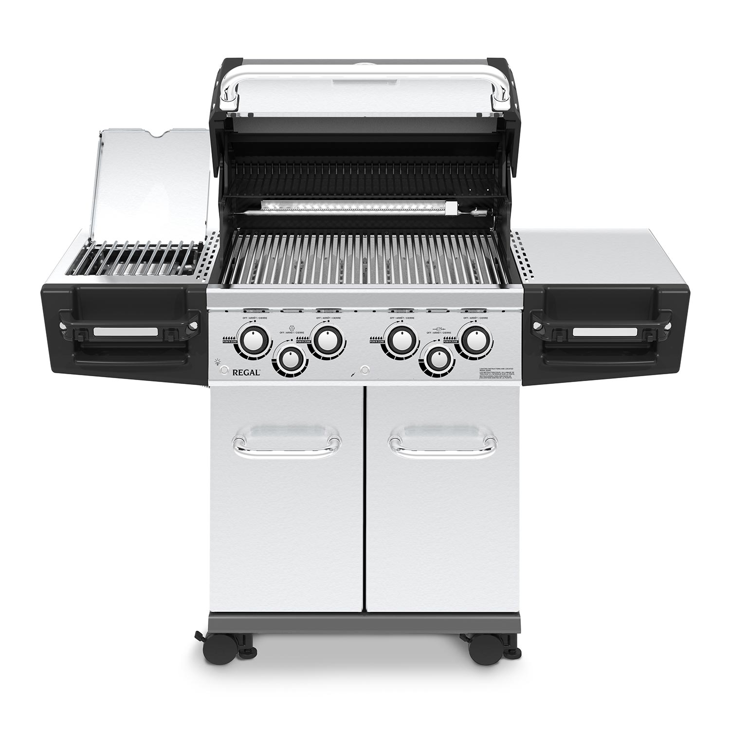 Open stainless steel 4-burner gas grill with cooking grates, burners, and side shelves
