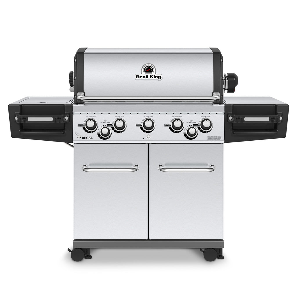 Stainless steel 5-burner gas grill with side burner and control knobs