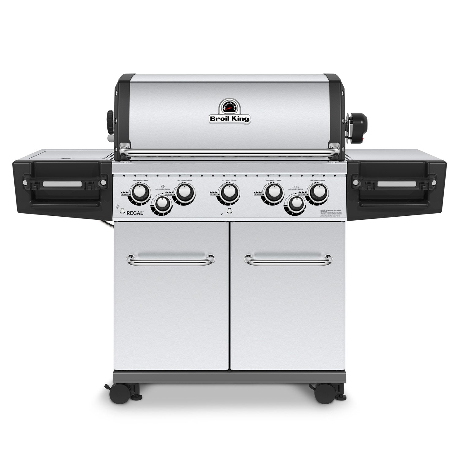 Stainless steel 5-burner gas grill with side burner and control knobs