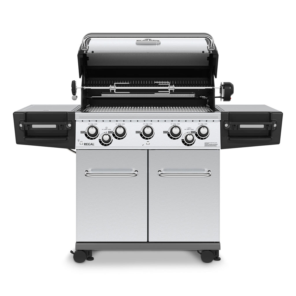 Stainless steel 5-burner gas grill with open lid and control knobs