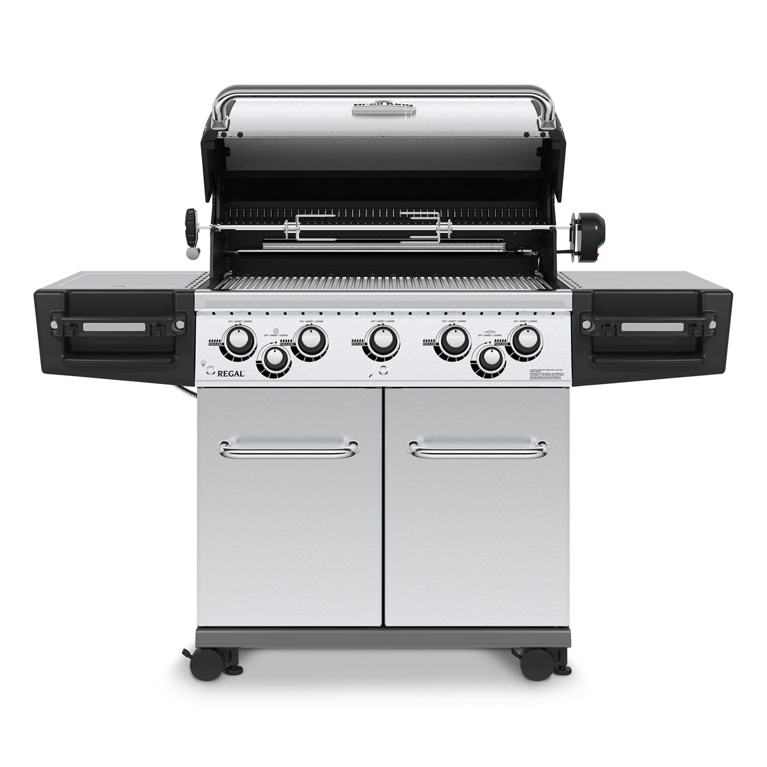 Stainless steel 5-burner gas grill with open lid and control knobs