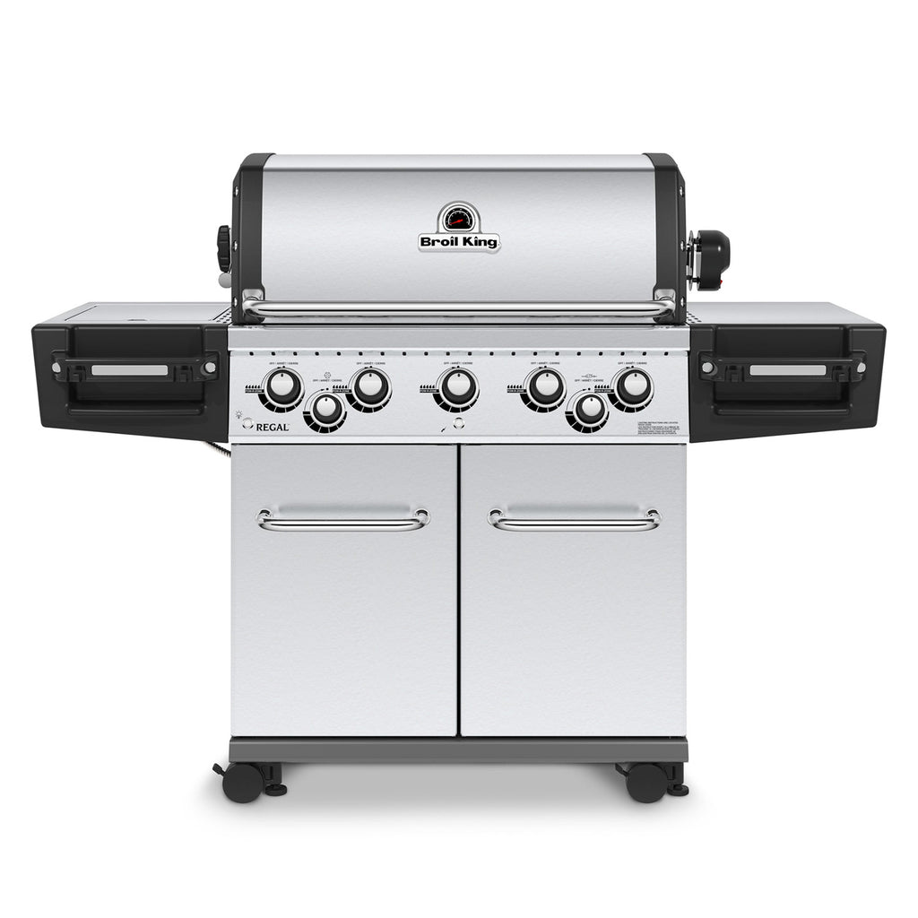 Stainless steel 5-burner gas grill with control knobs and double cabinet doors