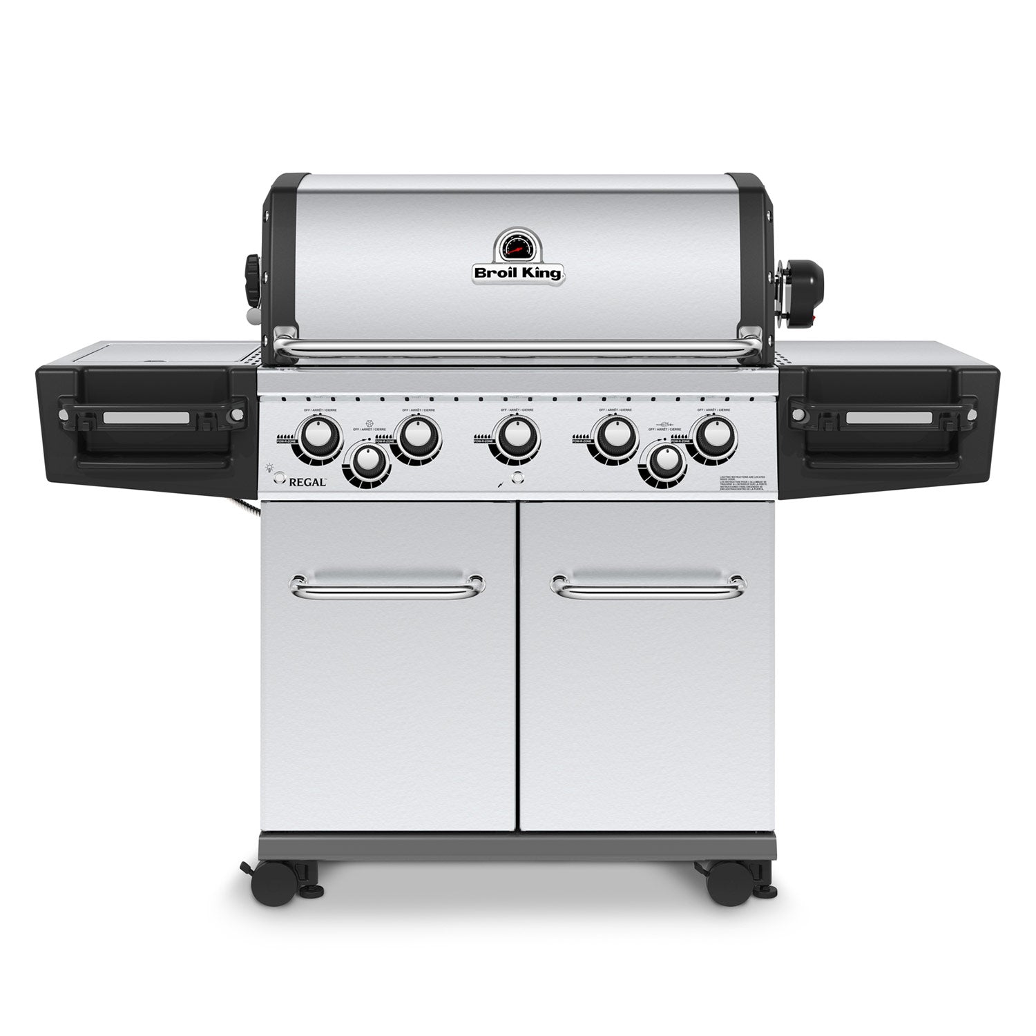 Stainless steel 5-burner gas grill with control knobs and double cabinet doors