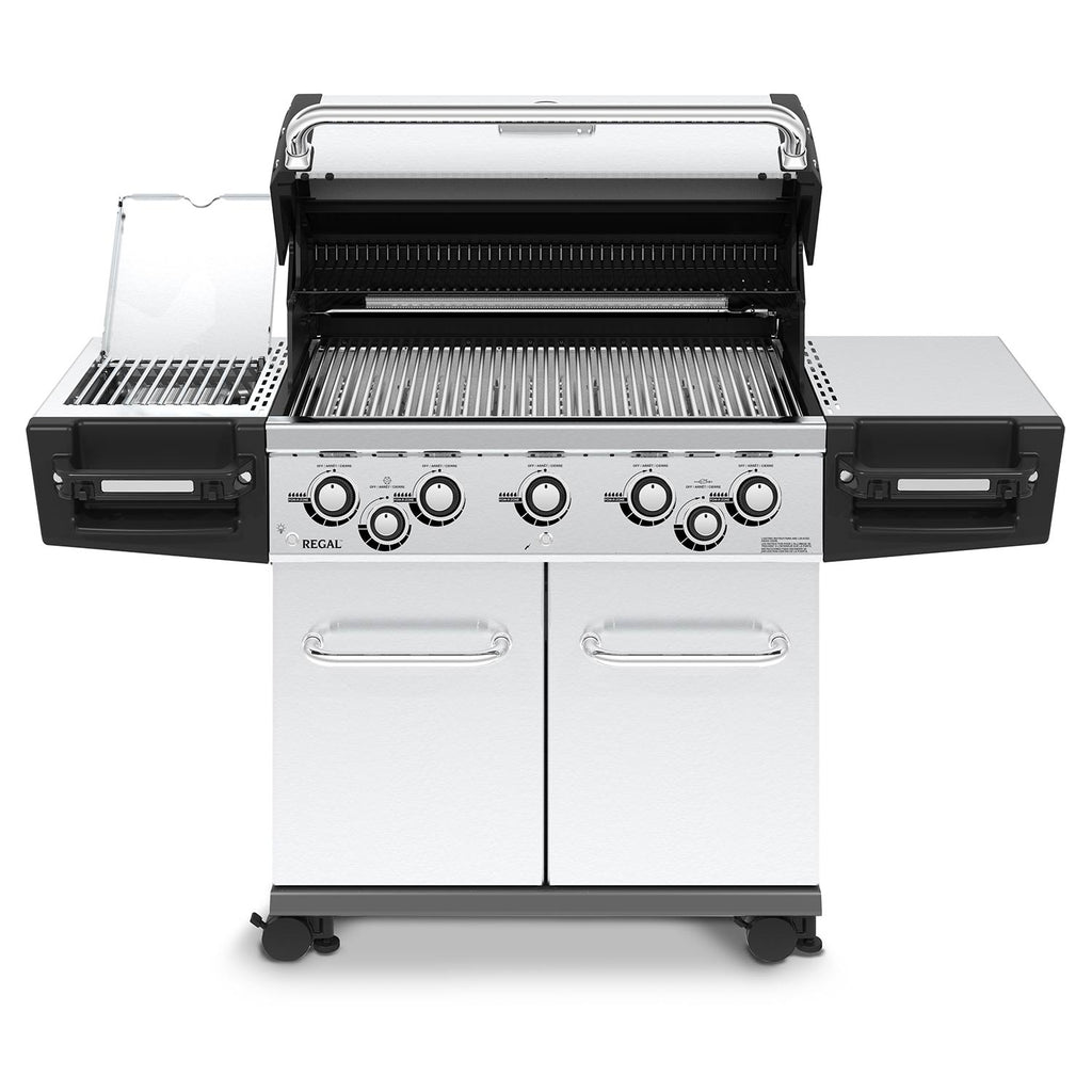 Stainless steel gas grill with open hood, infrared burner area, and control panel