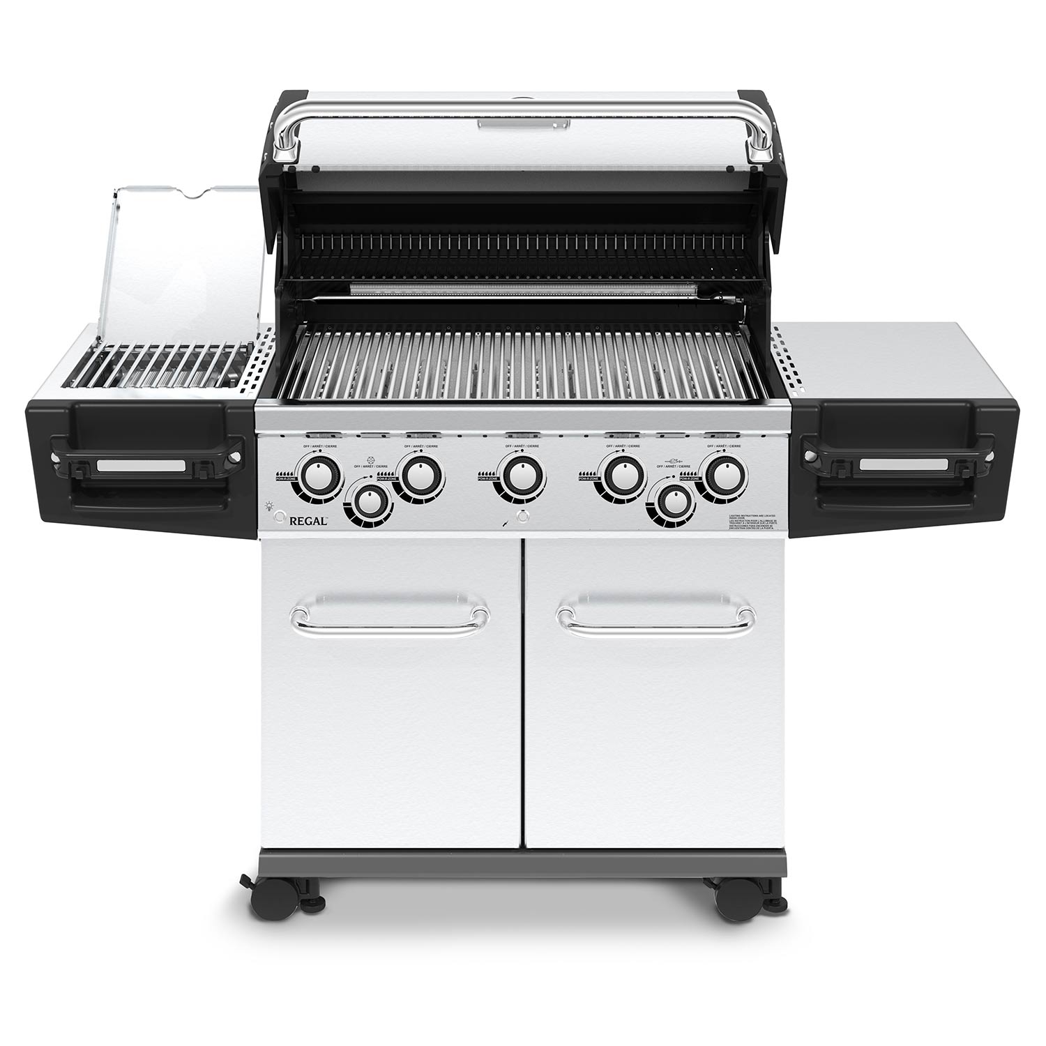 Stainless steel gas grill with open hood, infrared burner area, and control panel