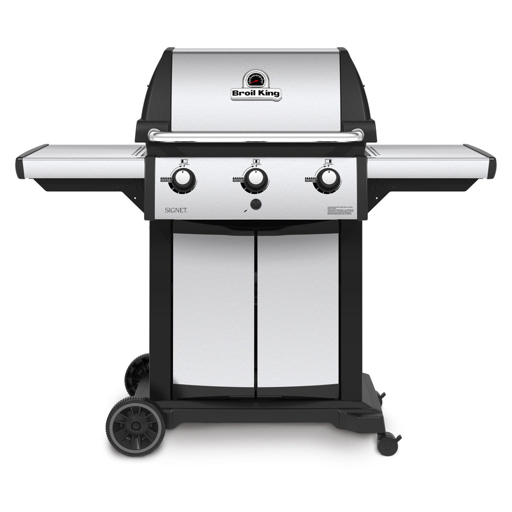 Three-burner gas grill on two-wheel cart with lid, knobs, and side shelves
