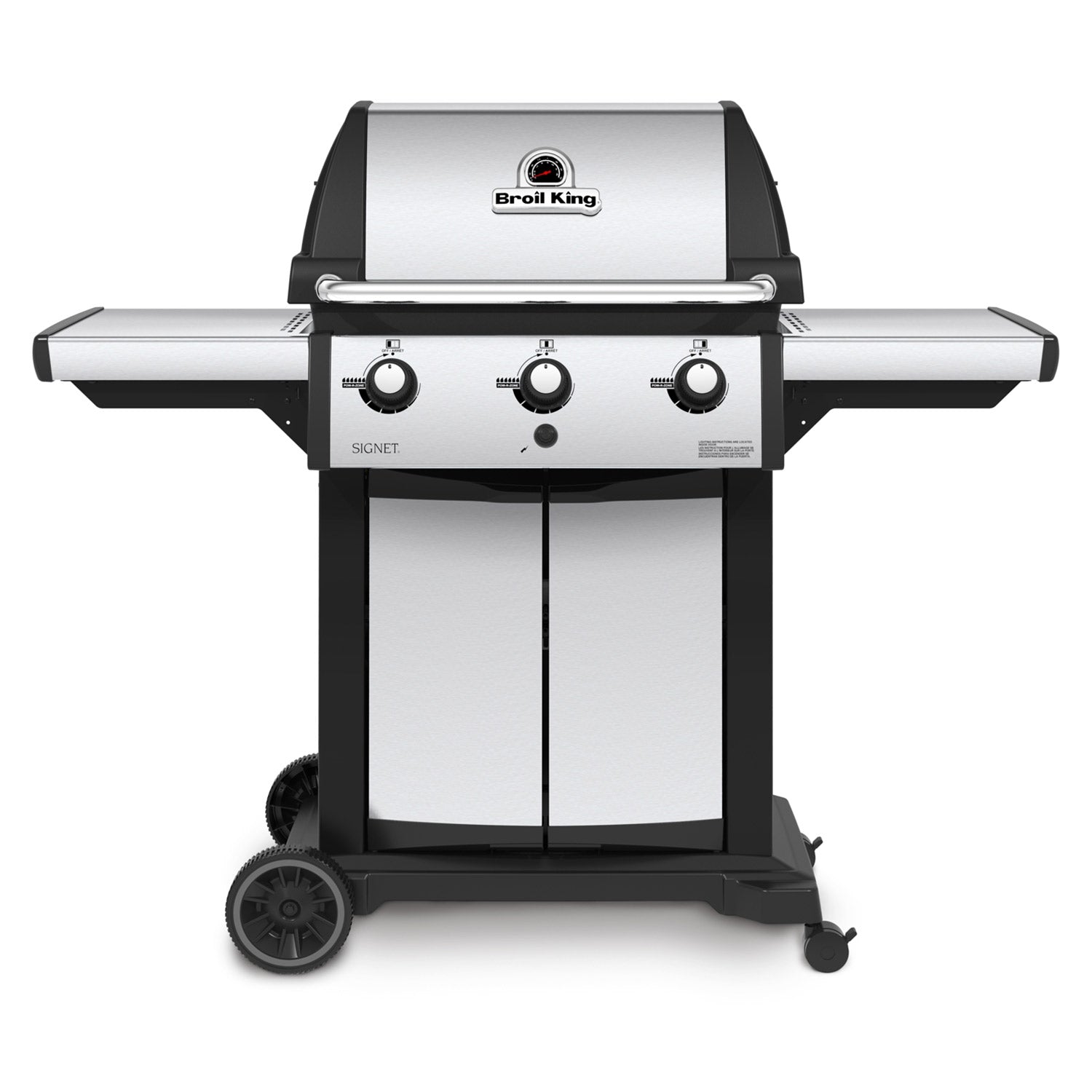 Three-burner gas grill on two-wheel cart with lid, knobs, and side shelves