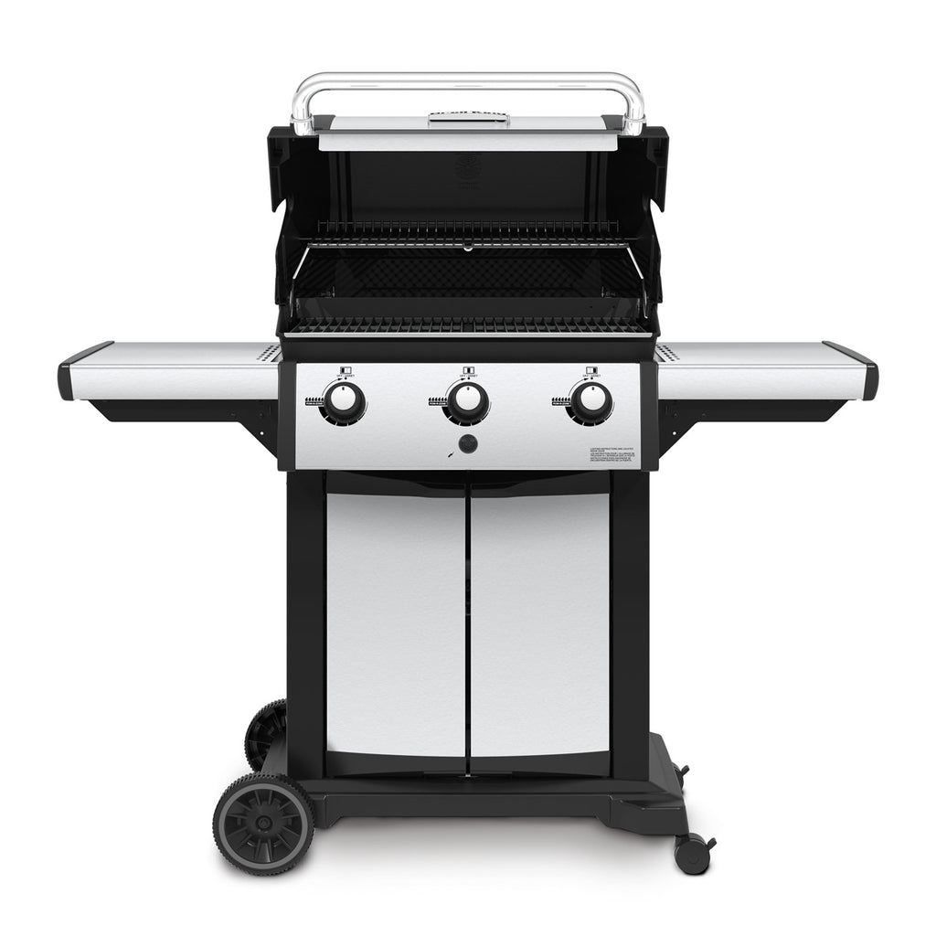 Three-burner gas grill with lid open, burner knobs, and cooking grates