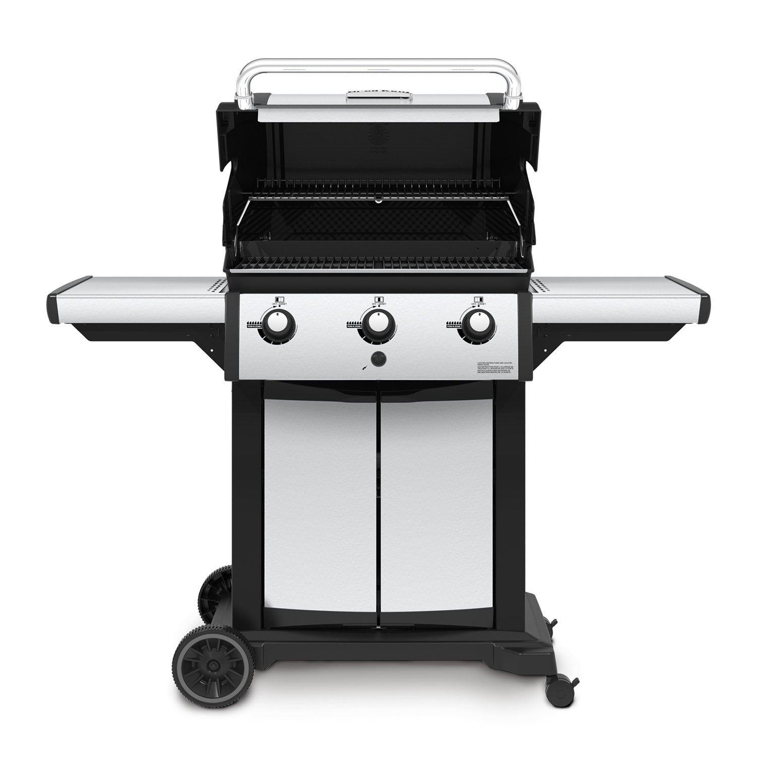 Three-burner gas grill with lid open, burner knobs, and cooking grates