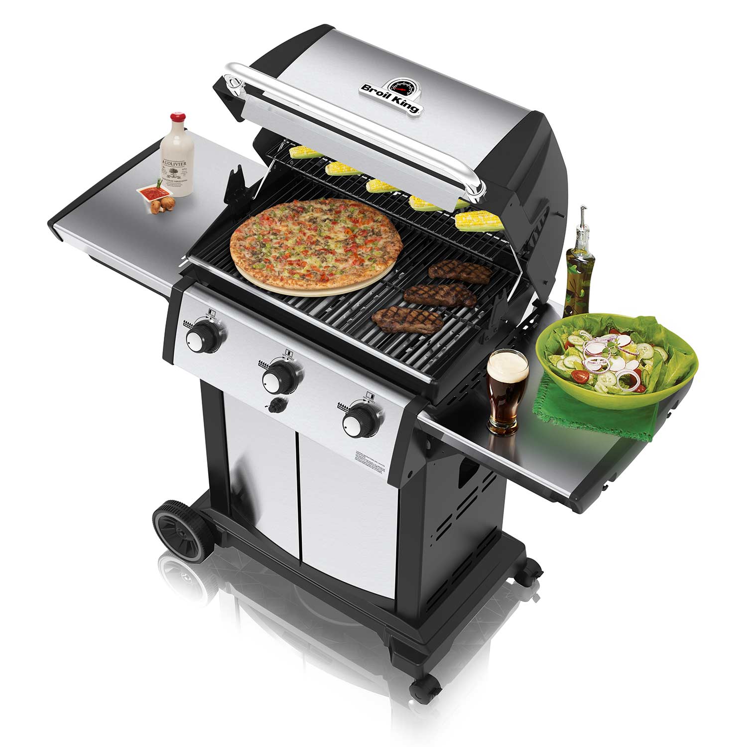 Three-burner gas grill with lid open, food on grate, and side shelf