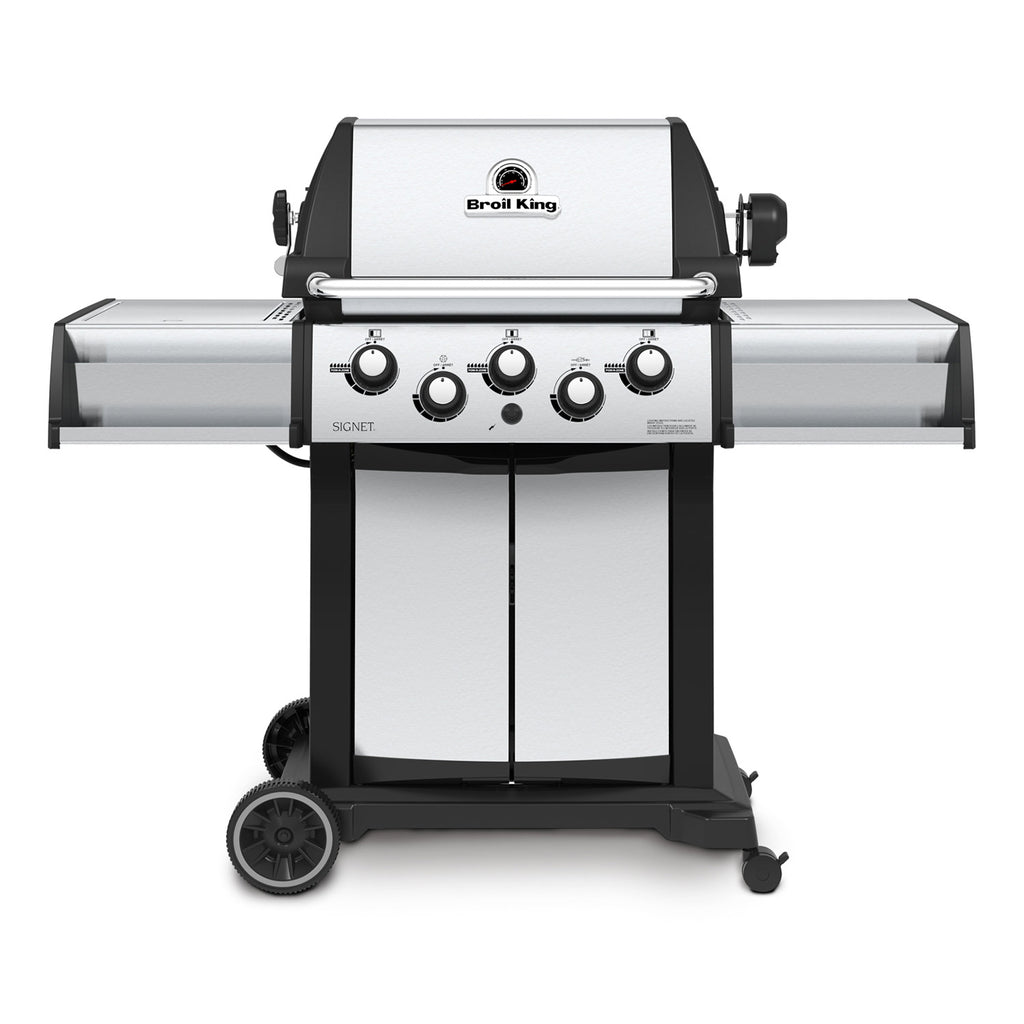 Gas grill with side burner on 2-wheel cart, front control knobs and grates