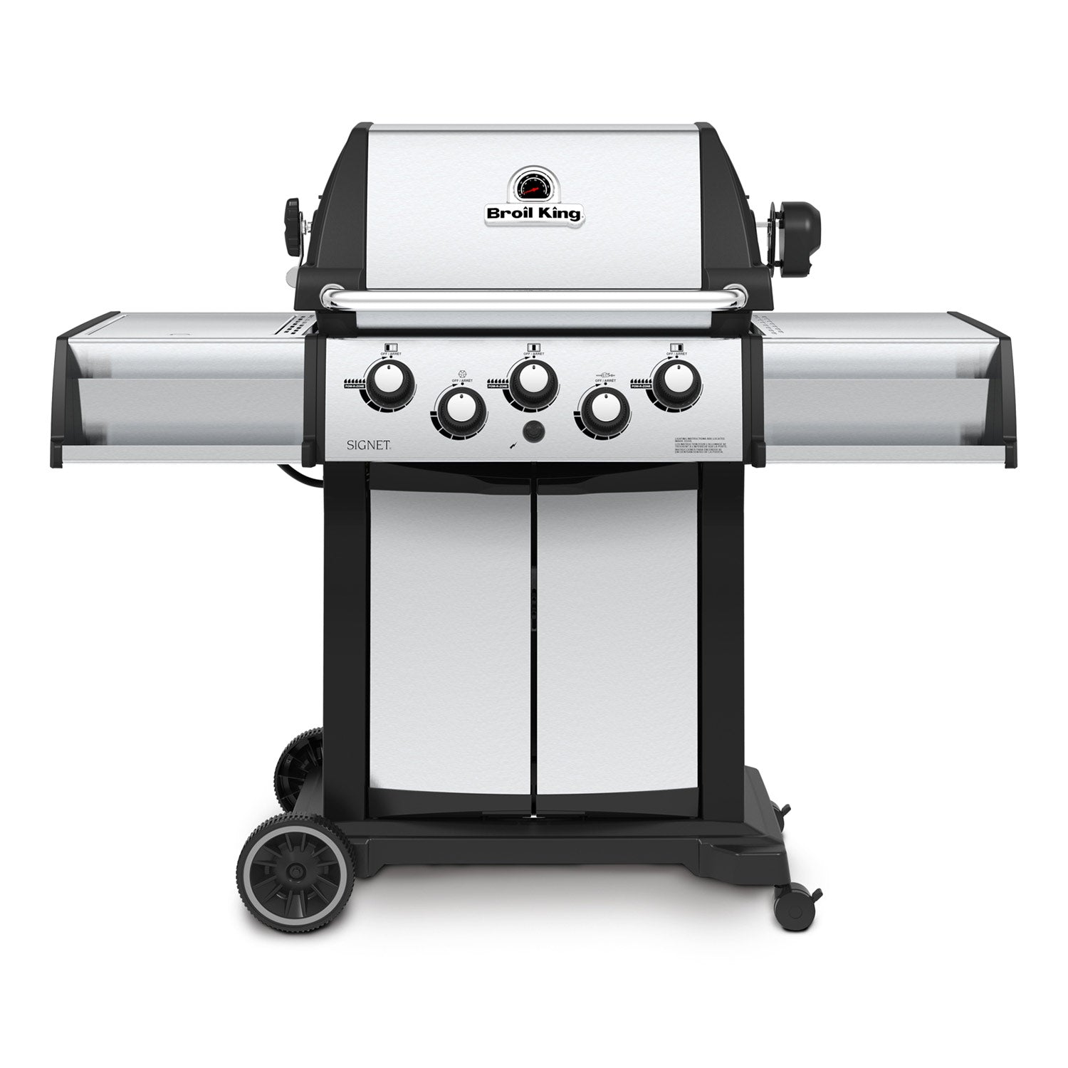 Gas grill with side burner on 2-wheel cart, front control knobs and grates