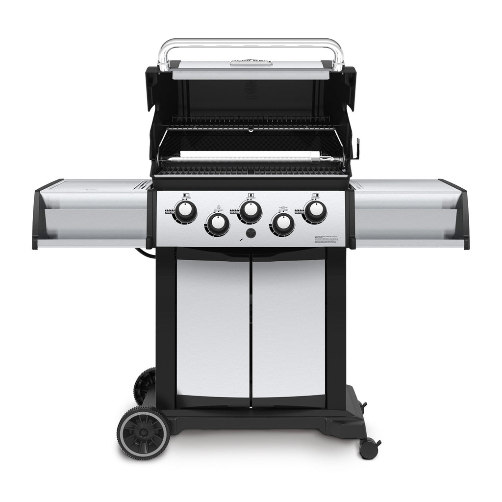 Gas grill on 2-wheel cart with open lid, front control knobs and side shelf