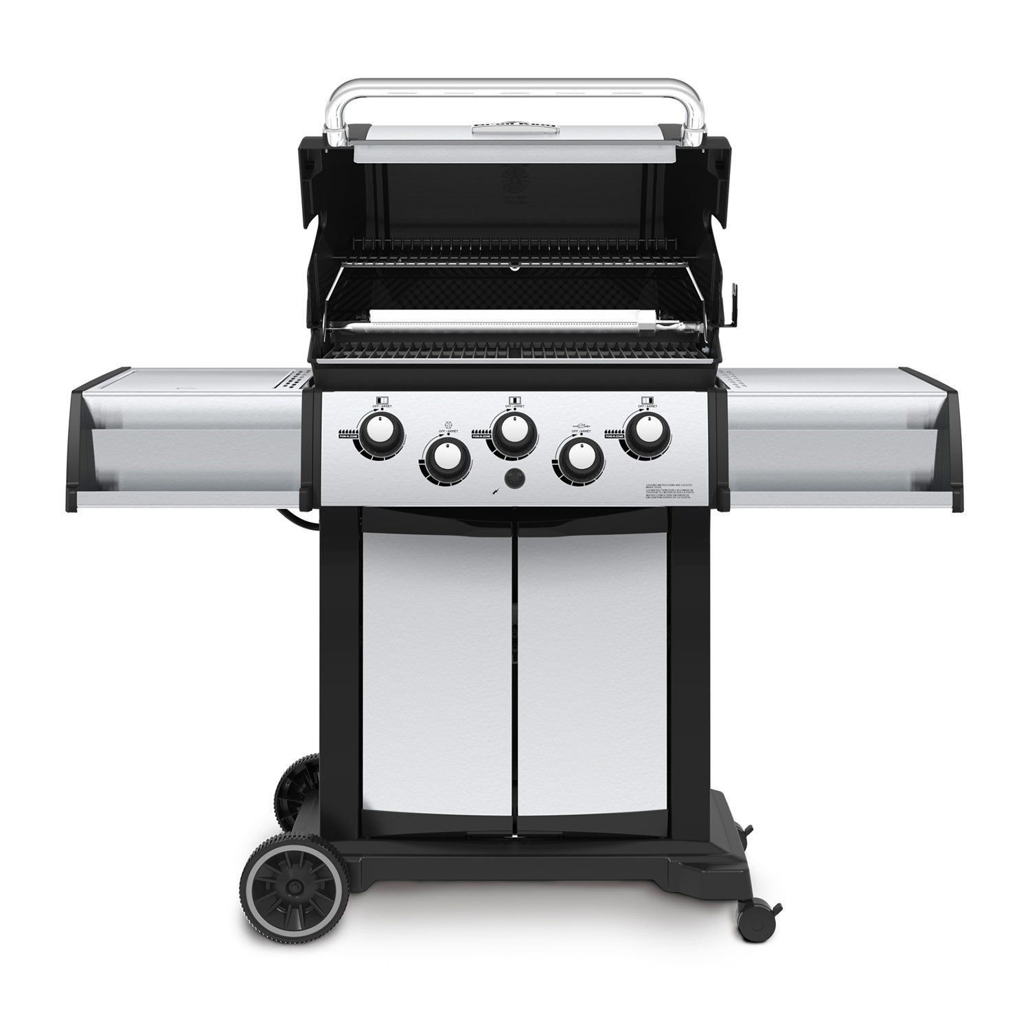 Gas grill on 2-wheel cart with open lid, front control knobs and side shelf