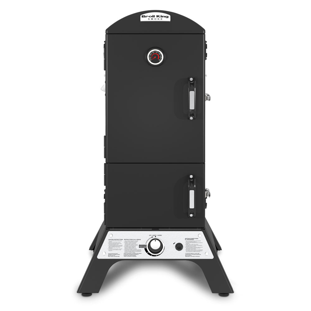 Vertical gas smoker with black cabinet, front control panel, and hinged door