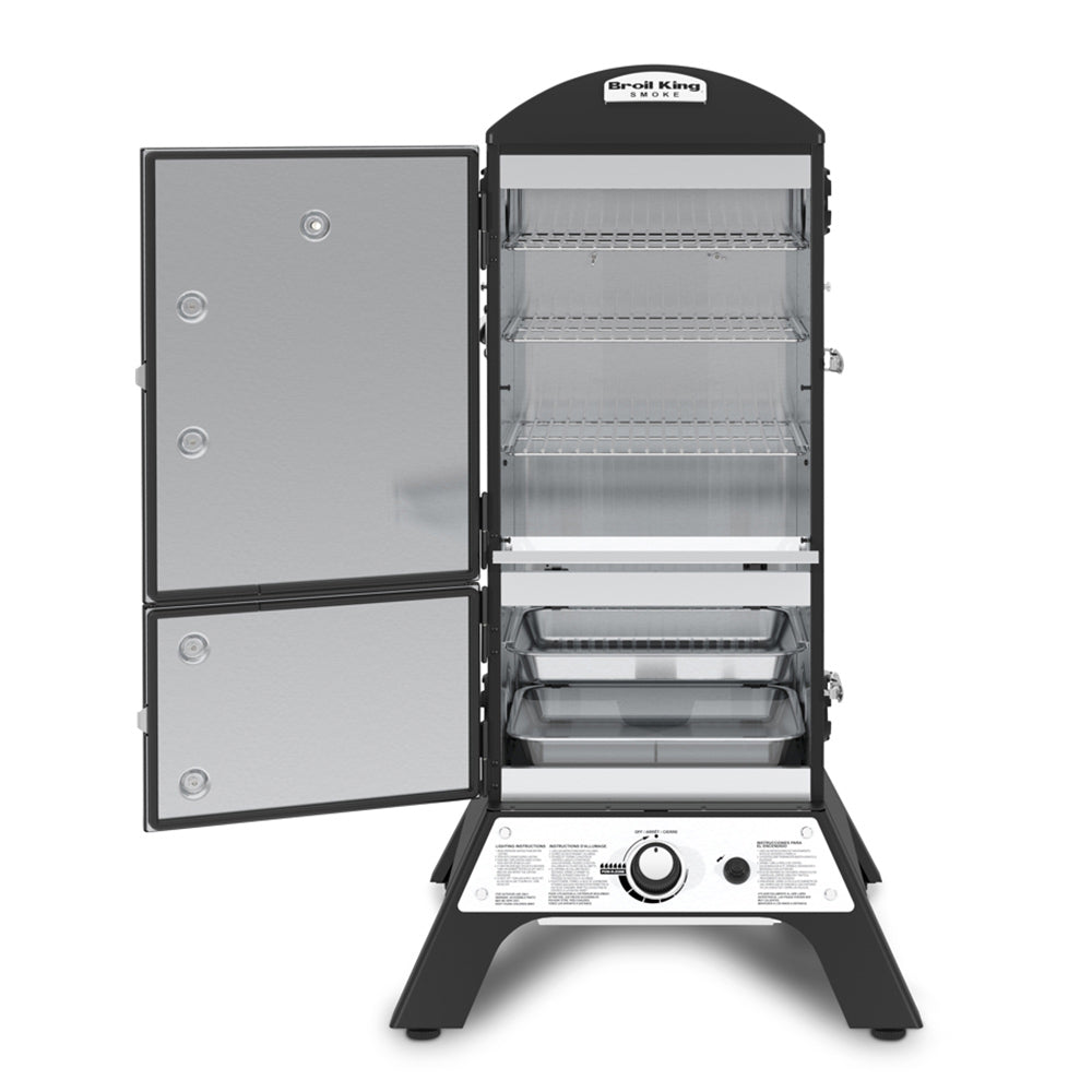 Vertical gas smoker with open doors showing stacked metal racks inside