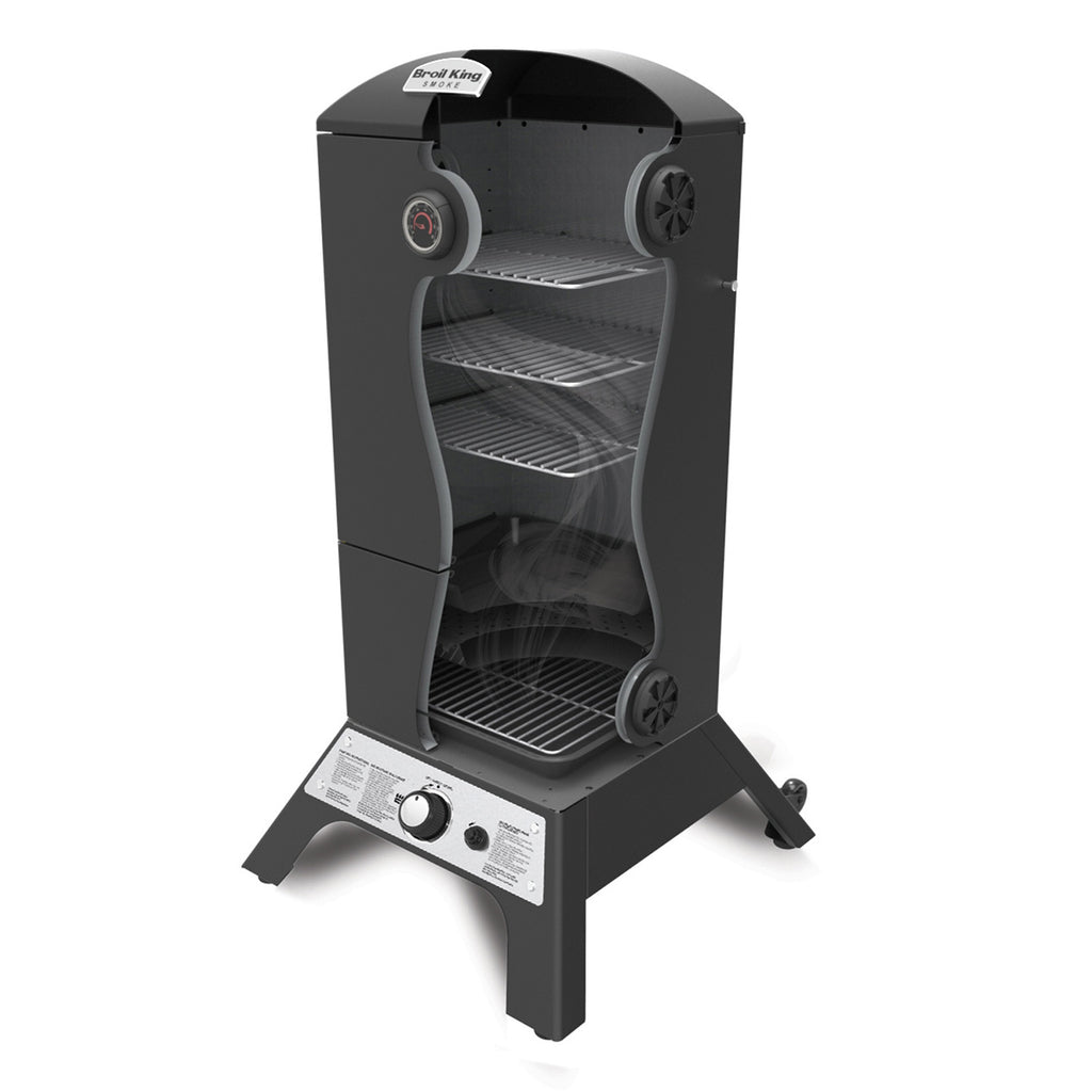 Vertical gas smoker with front door open, inner grates, and side control dial