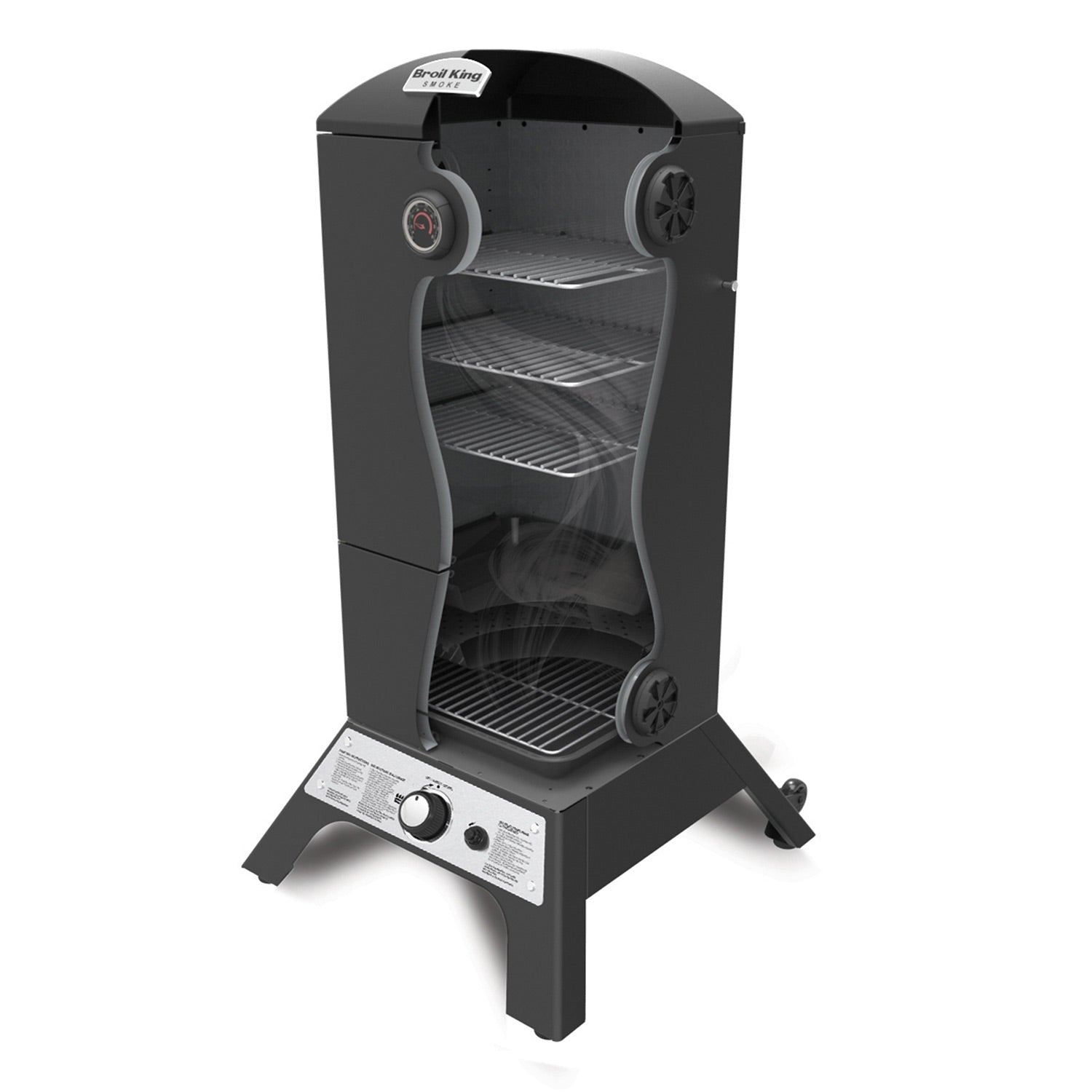 Vertical gas smoker with front door open, inner grates, and side control dial
