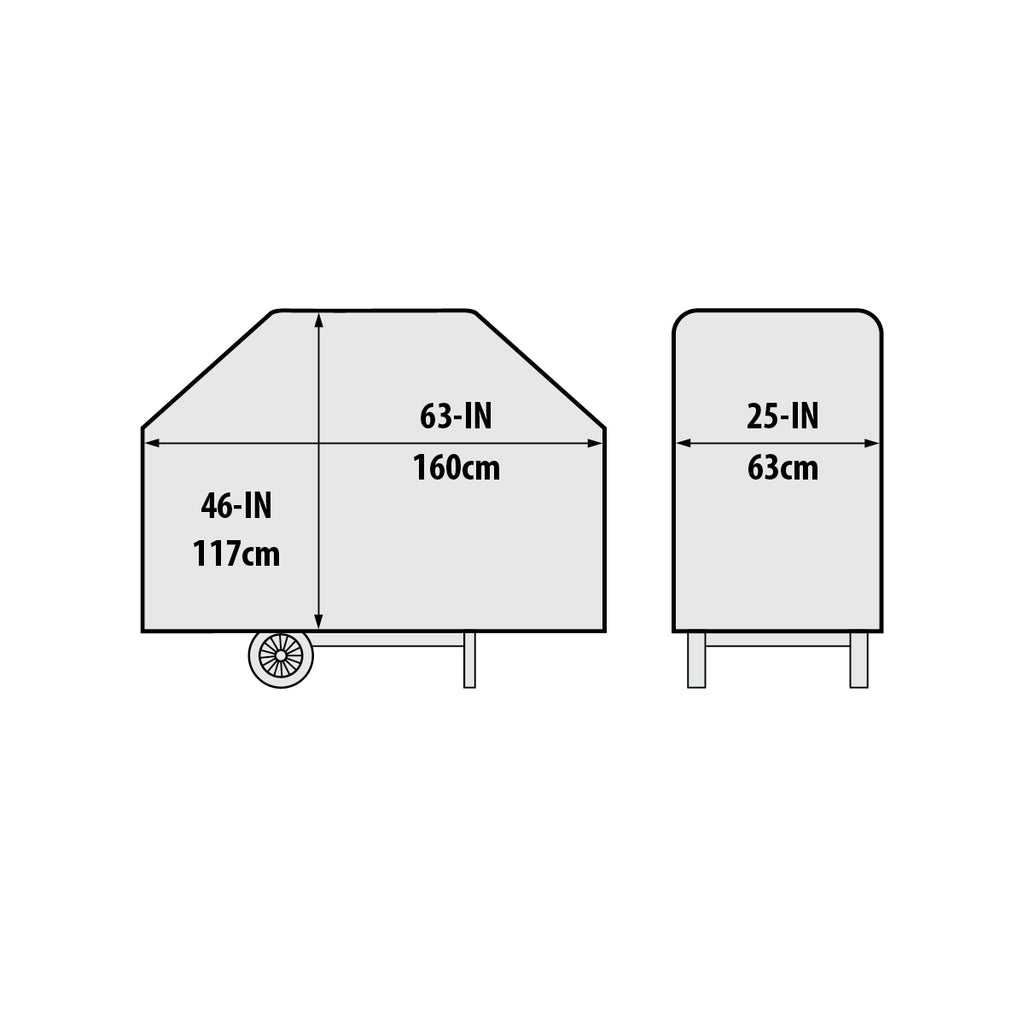 Grill cover size diagram: 63 in (160 cm) and 46 in (117 cm); 25 in (63 cm).