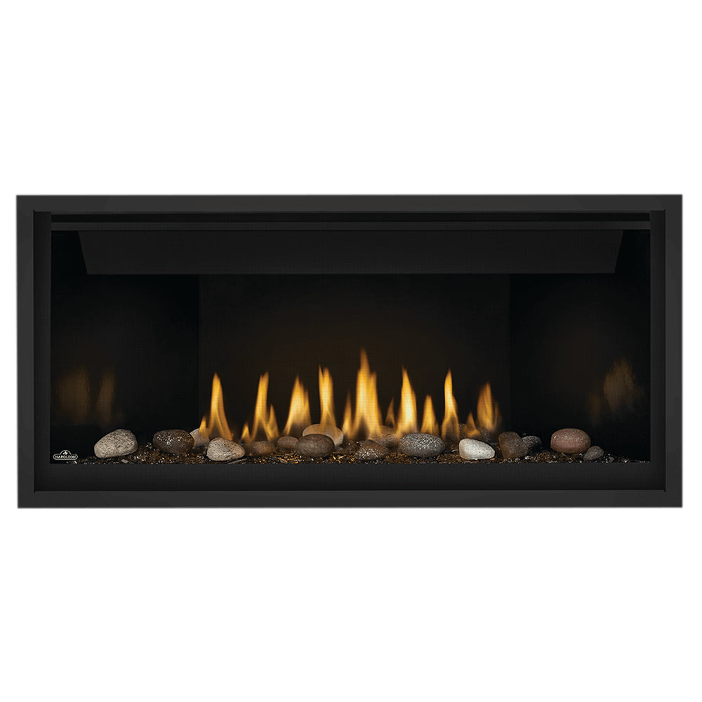 Black direct vent gas fireplace with glowing flames behind glass frame