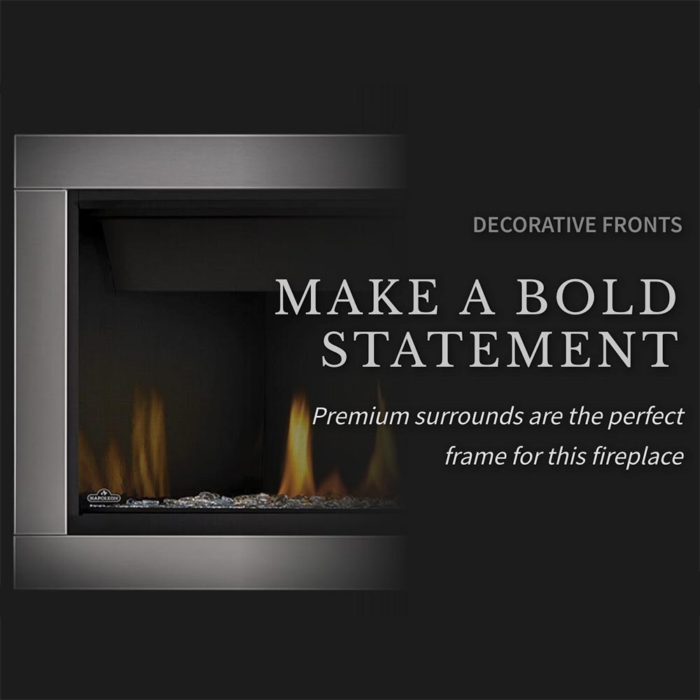 Gas fireplace decorative front panel with flame window and dark surround