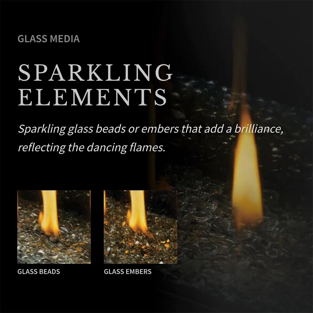 Gas fireplace glass media with sparkling ember bed and glowing flames