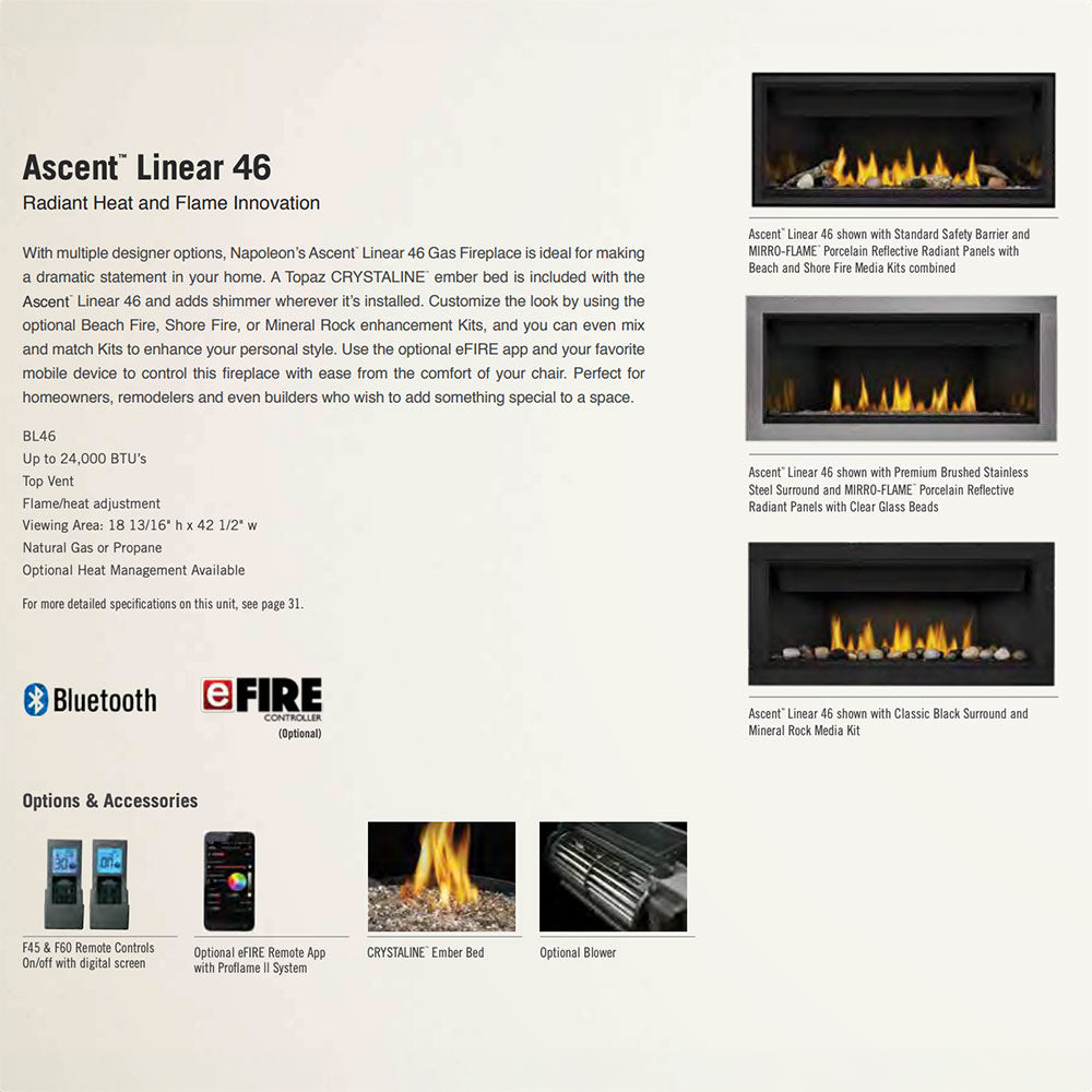 Ascent Linear 46 fireplace brochure page with multiple fireplace view diagrams