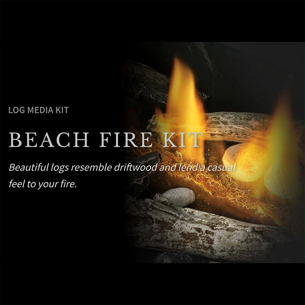 Gas fireplace burner bed with flaming log media kit beside gray driftwood logs