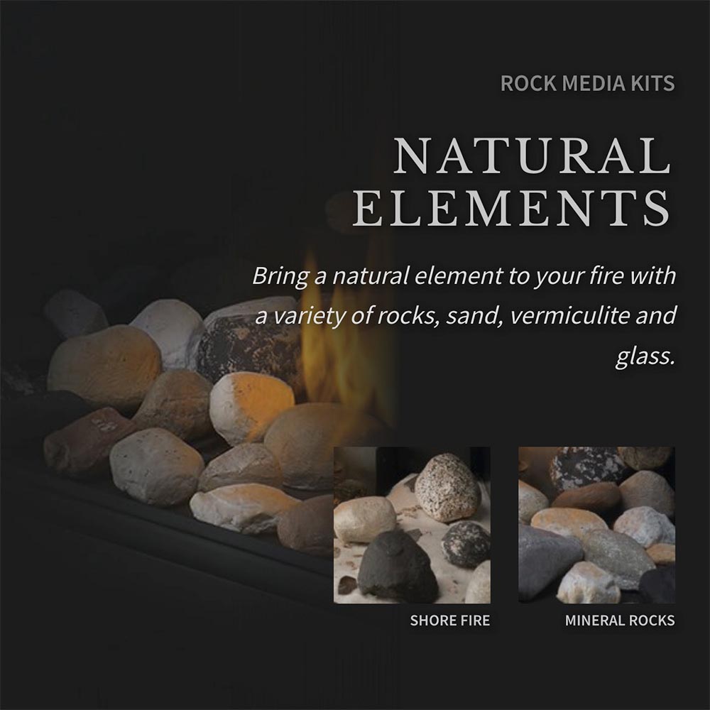 Gas fireplace burner bed with flaming stones media kit and mixed rock ember base