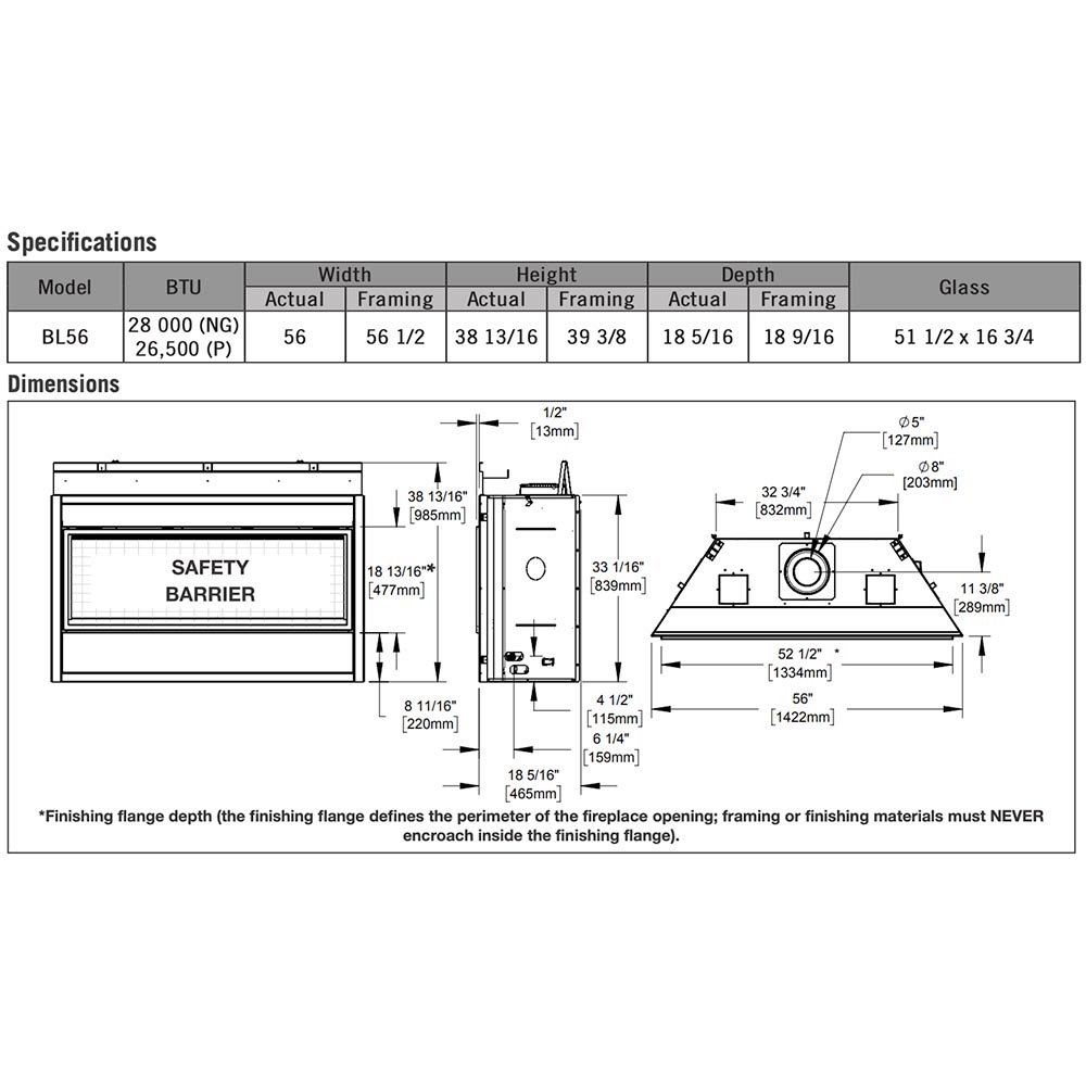 Gas fireplace technical diagram with dimensions and safety barrier labeled