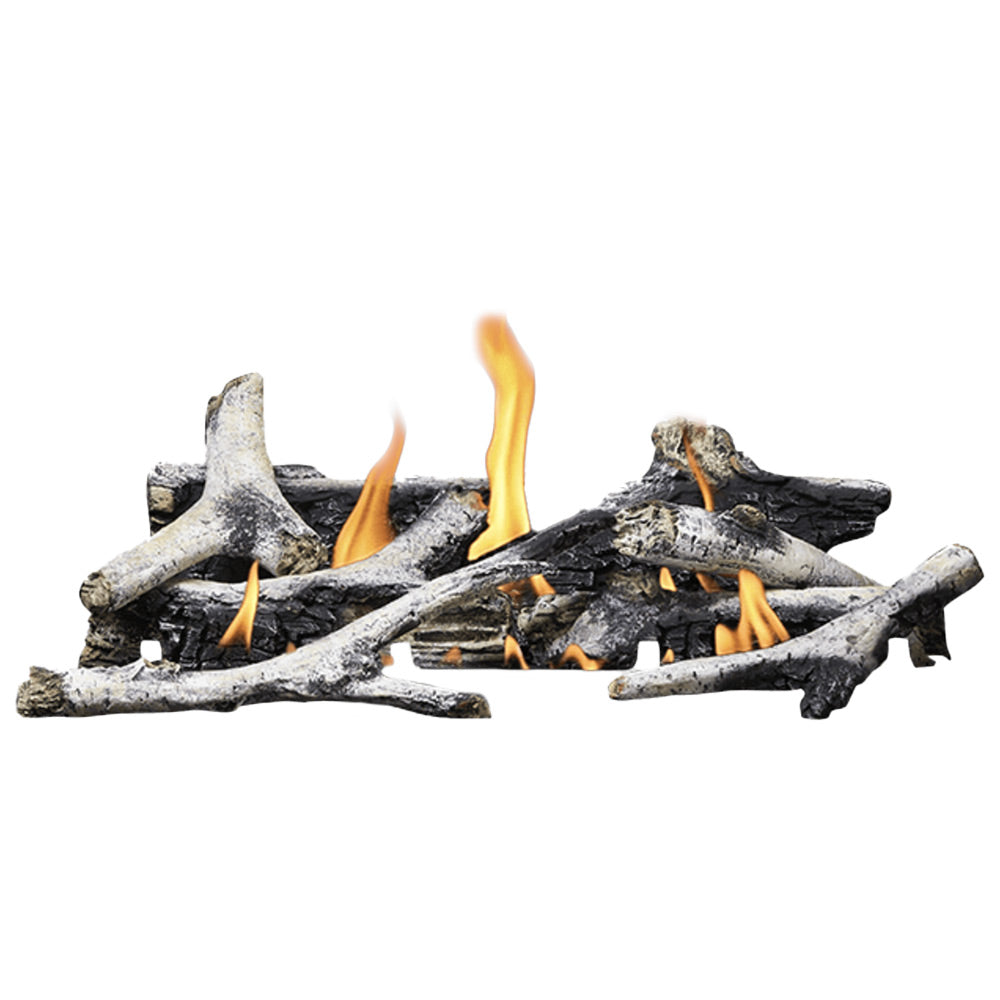Napoleon gas fireplace log kit with glowing embers and orange flames