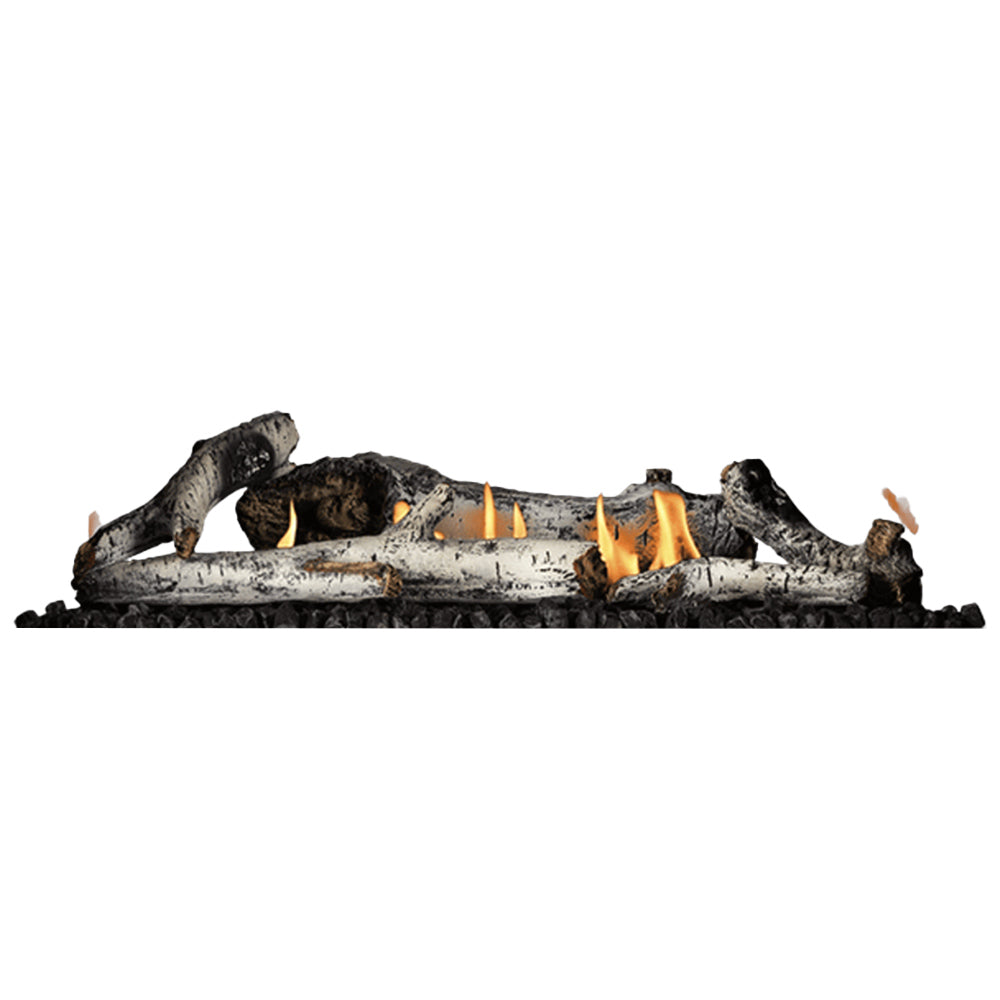 Birch log kit with glowing flames and embers for gas fireplace burner