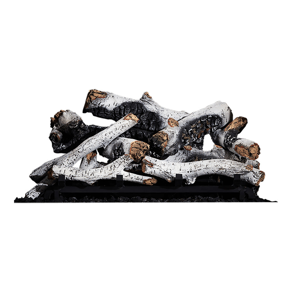 Faux birch log set for gas fireplace with black and white charred log pieces