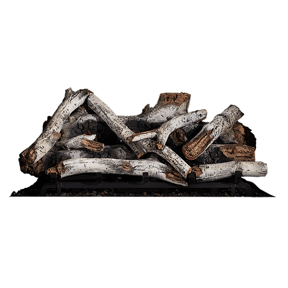 Faux birch log set with white bark and dark charred wood pieces