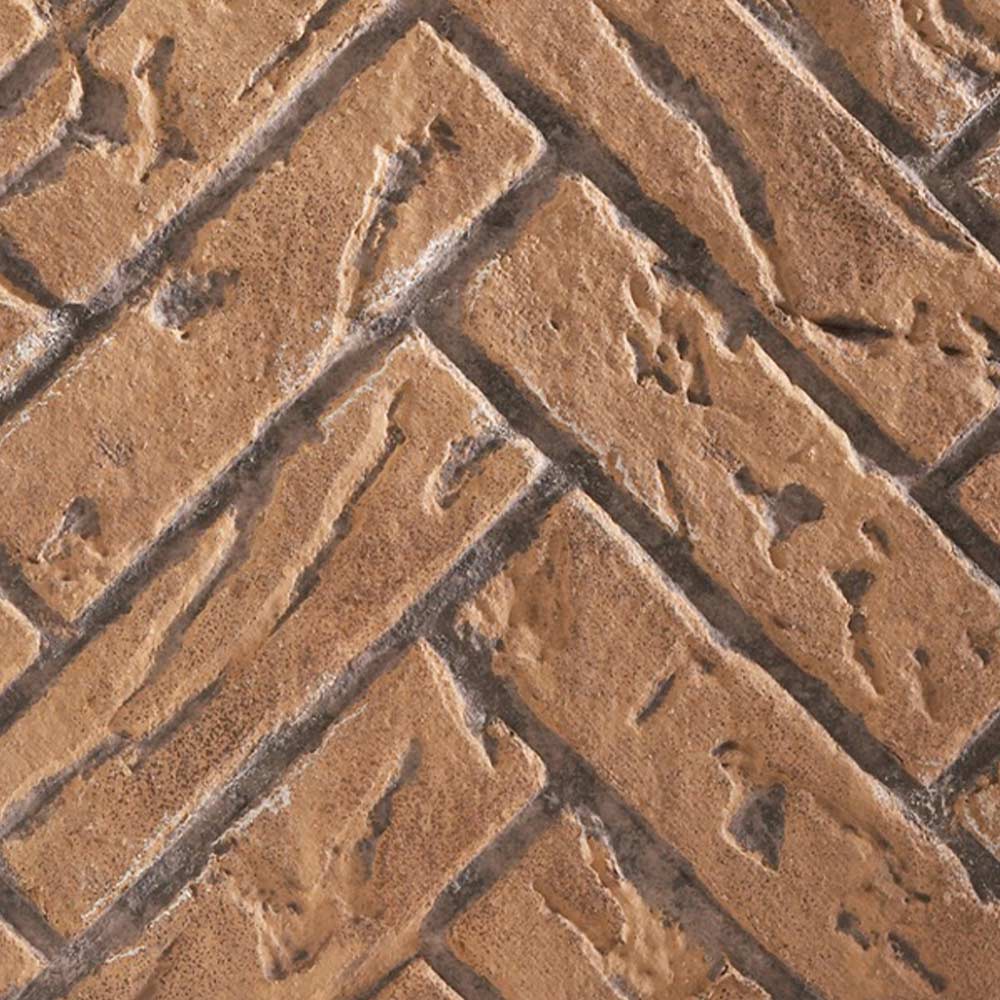 Ceramic fireplace liner tiles in herringbone pattern, tan and brown textured finish