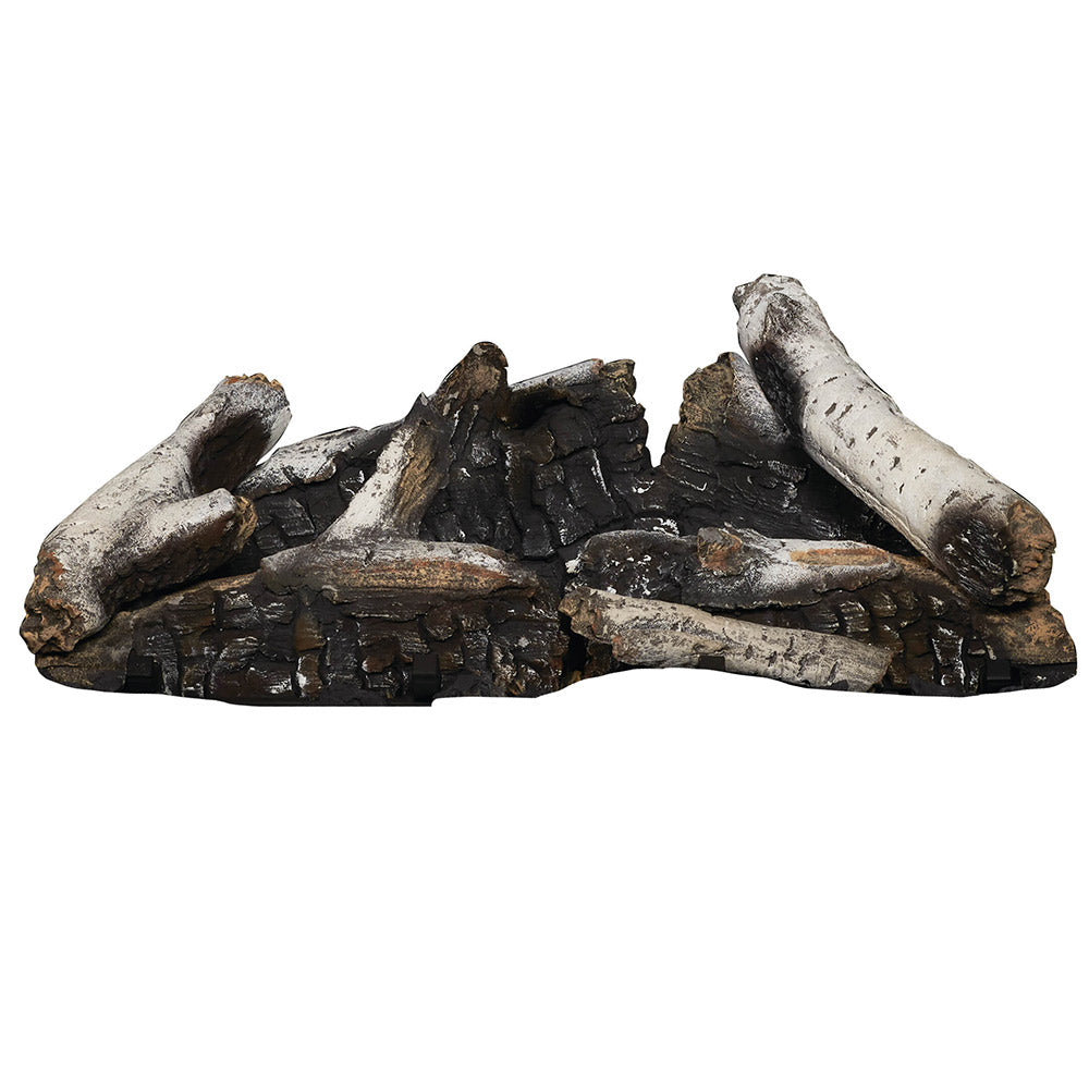 Gas fireplace log set with dark charred wood and light birch-like ends