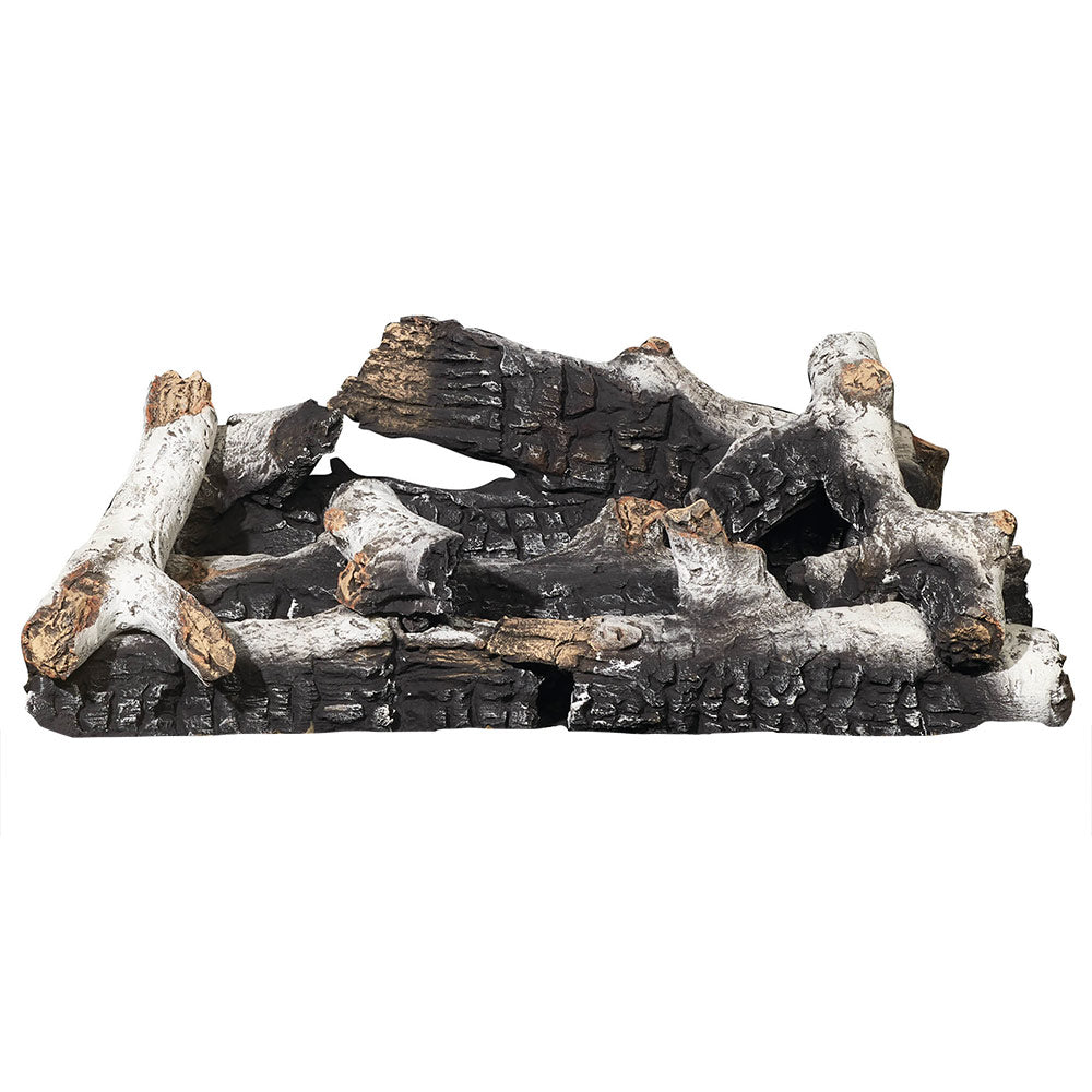 Gas fireplace log set with dark charred logs and light wood ends.